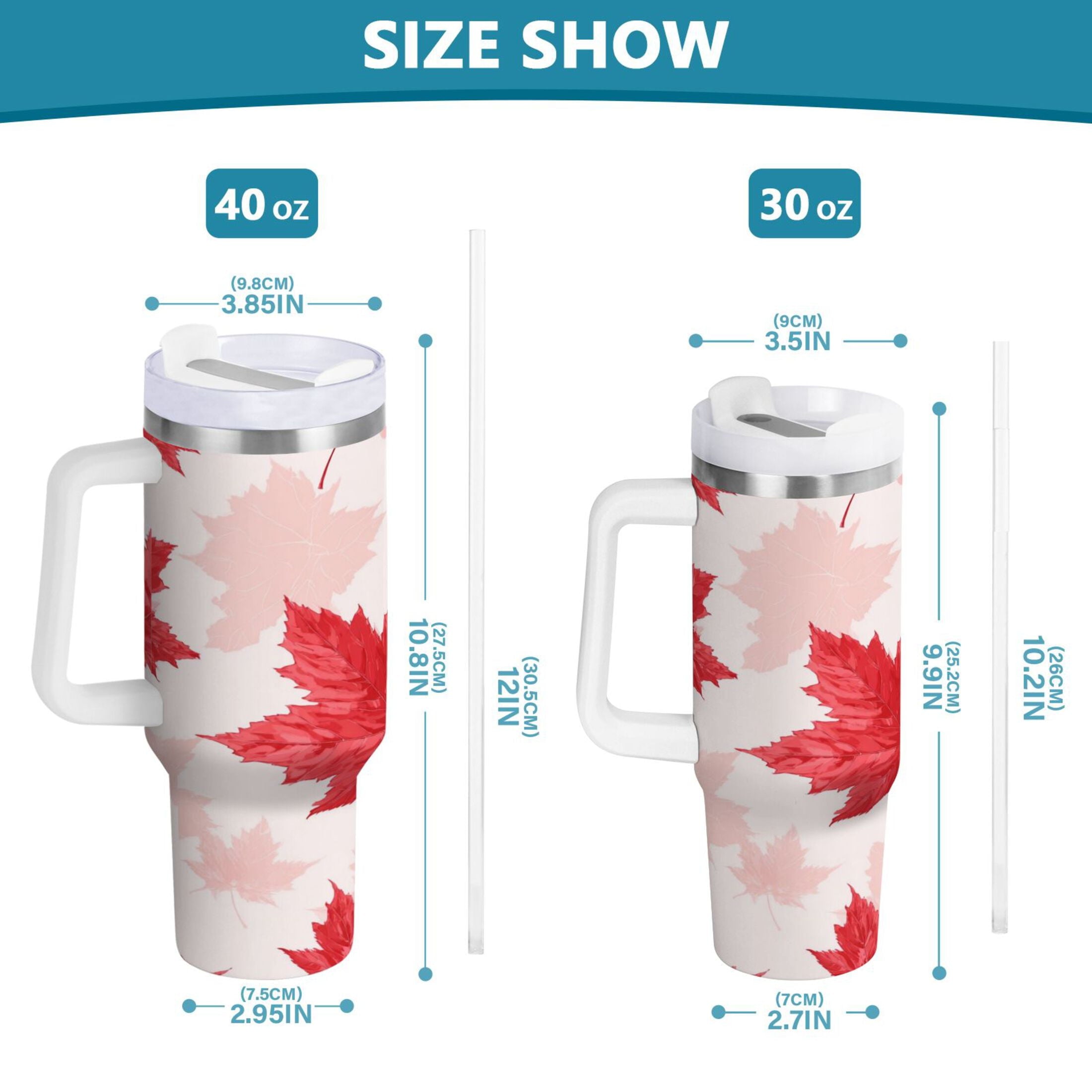 40 oz Insulated Stainless Steel Tumbler Double Wall Stainless Steel Tumbler with 2-Way Drinking Red Maple Leaves Pattern | AT1C