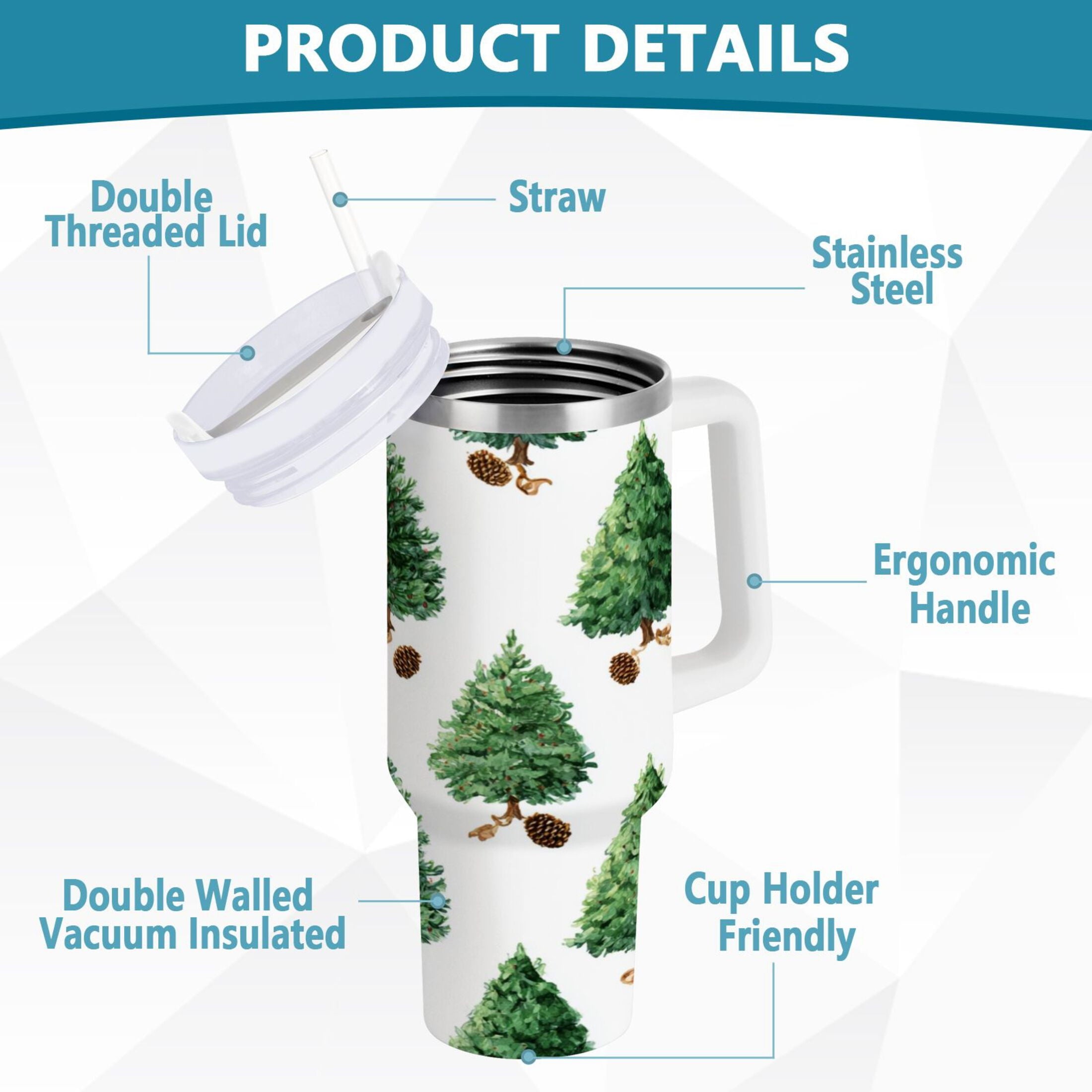30 oz Insulated Stainless Steel Tumbler Double Wall Stainless Steel Tumbler with 2-Way Drinking Watercolor Green Christmas Tree | DGSA