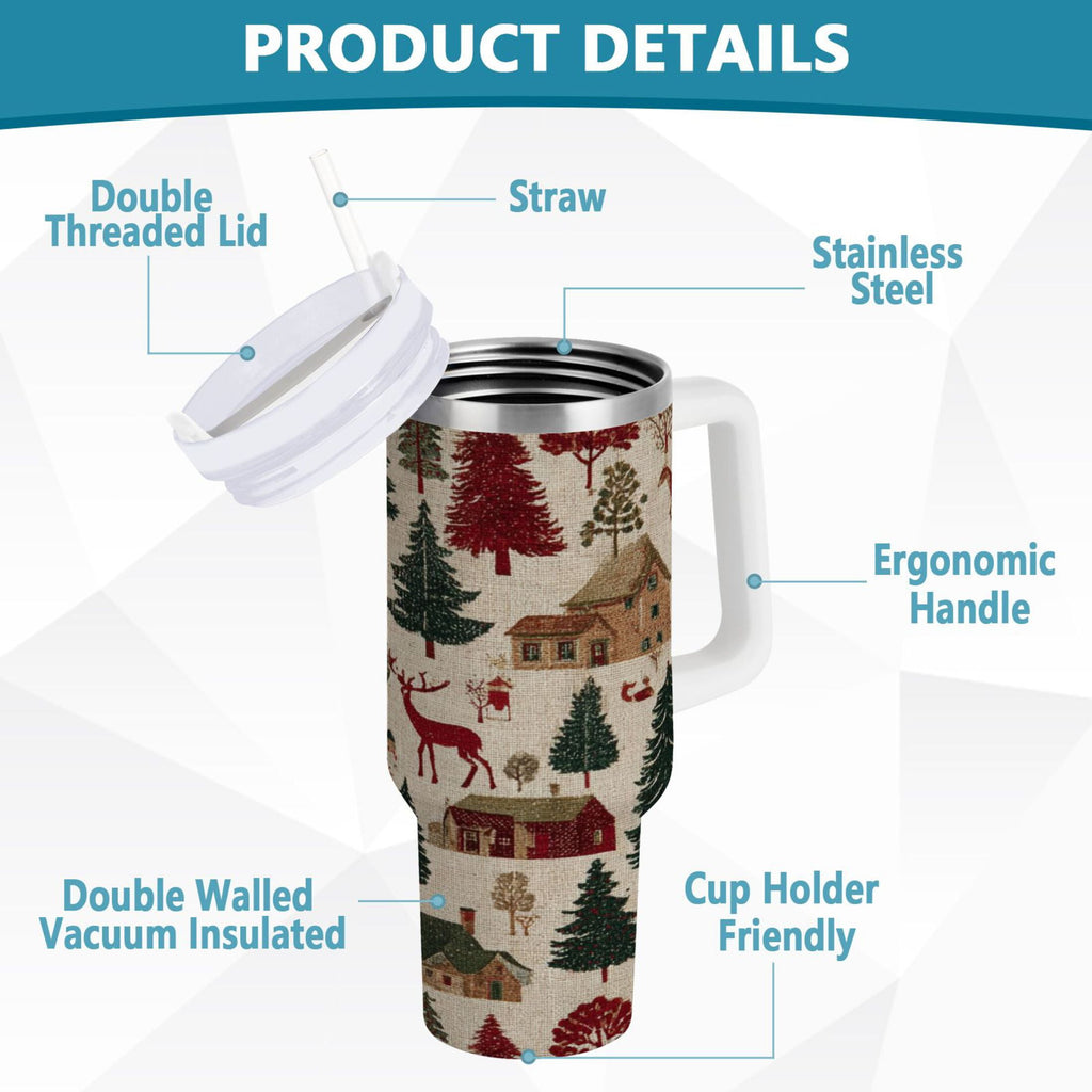 30 oz Insulated Stainless Steel Tumbler Double Wall Stainless Steel Tumbler with 2-Way Drinking Christmas Trees Deer and Houses | DHGE