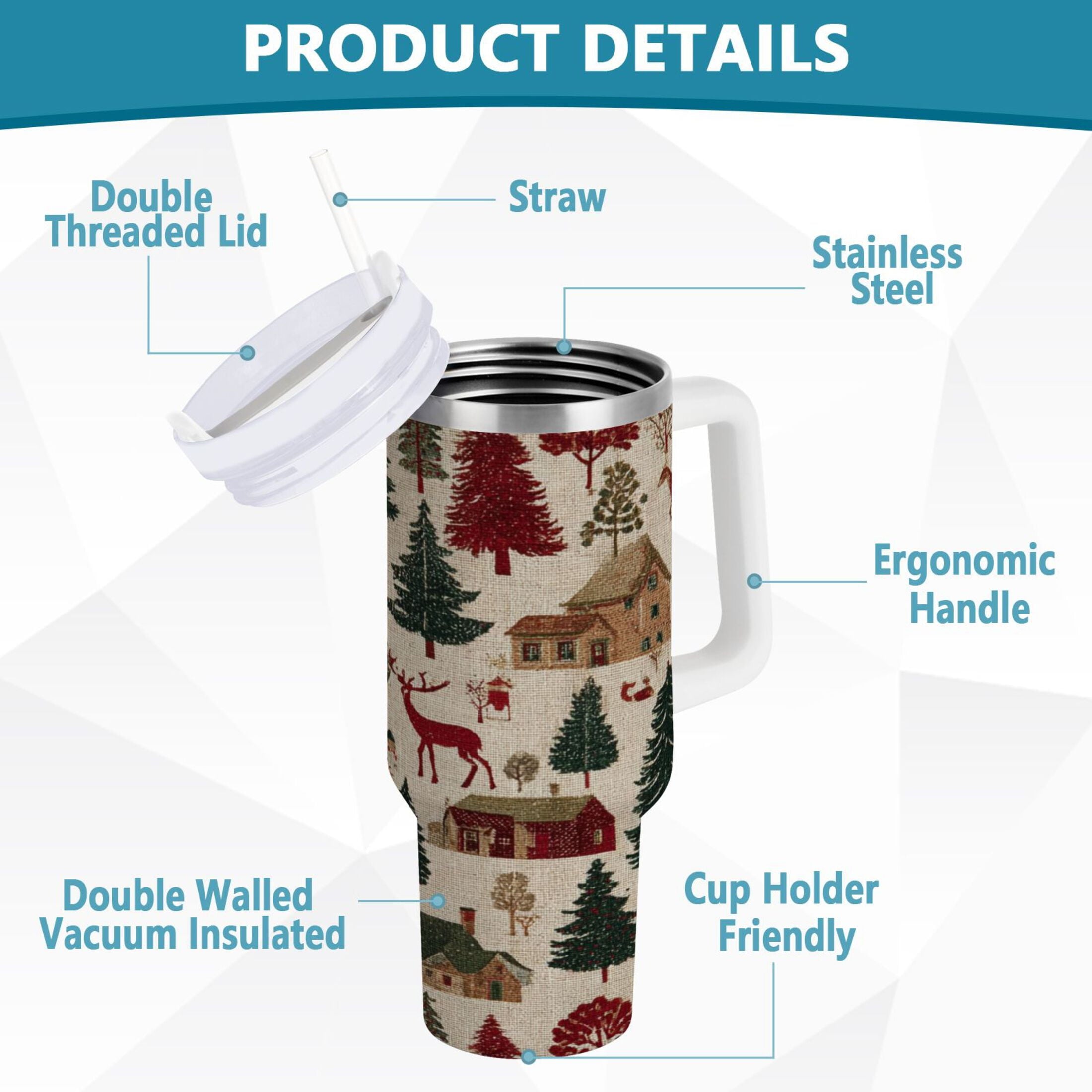 30 oz Insulated Stainless Steel Tumbler Double Wall Stainless Steel Tumbler with 2-Way Drinking Christmas Trees Deer and Houses | DHGE