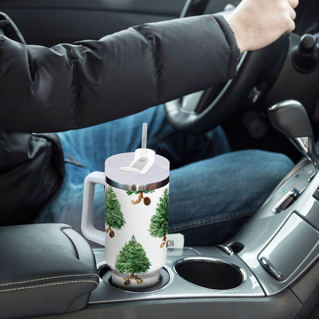 30 oz Insulated Stainless Steel Tumbler Double Wall Stainless Steel Tumbler with 2-Way Drinking Watercolor Green Christmas Tree | DGSA