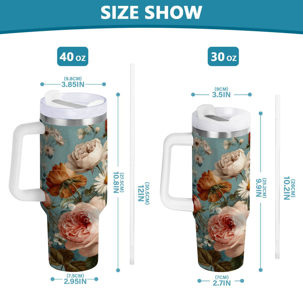30 oz Insulated Stainless Steel Tumbler Double Wall Stainless Steel Tumbler with 2-Way Drinking Vintage Roses and Peonies | 2X6L