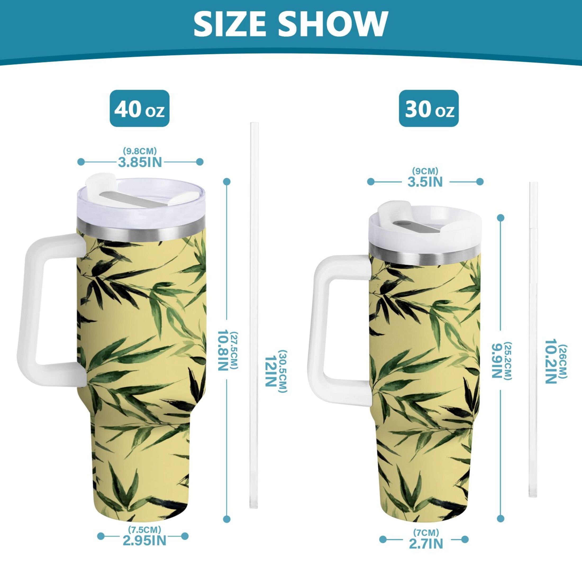 30 oz Insulated Stainless Steel Tumbler Double Wall Stainless Steel Tumbler with 2-Way Drinking Bamboo and Green Leaves | 90ND
