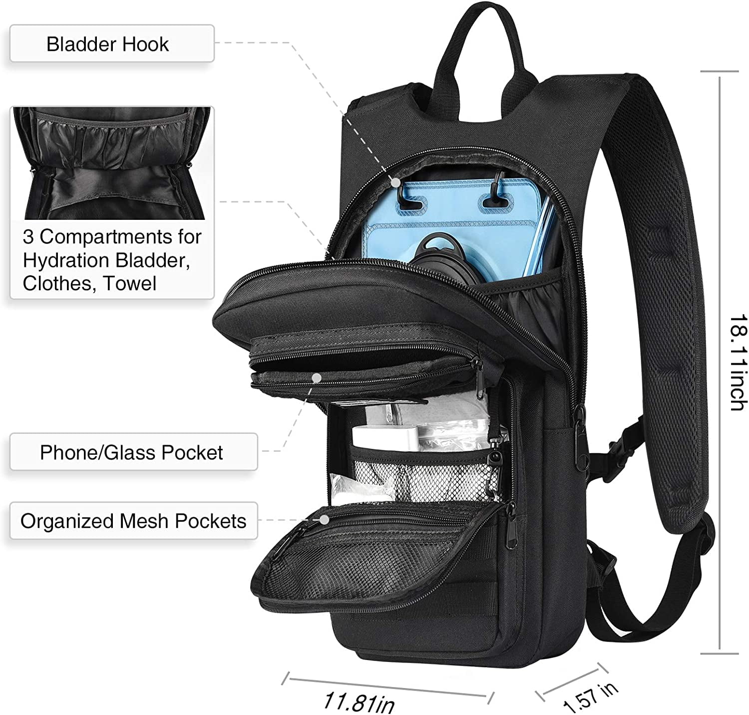 Brightify 17L Hydration Backpack with 3L TPU Water Bladder, Camel Backpack Hydration Pack for Hiking Hunting Climbing Cycling Biking Running, Molle Compatible Water Backpack for Men Women, Black | AQRX