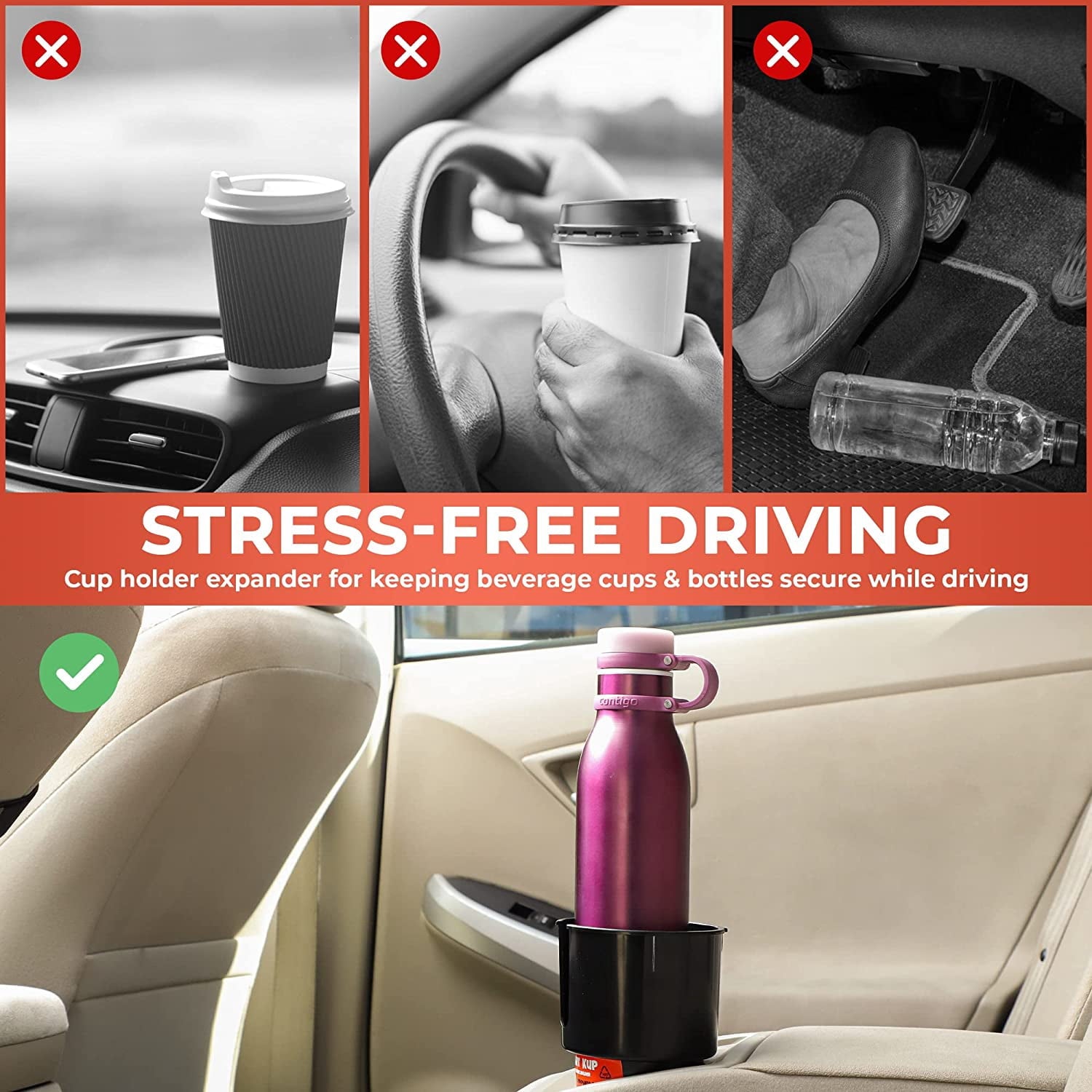 Cup Holder Expander - Fits Hydro Flasks 32/40 oz, Nalgene,  &amp; Large Bottles up to 3.8  Wide - for  up to 3.2  Wide - Black | BPZQ