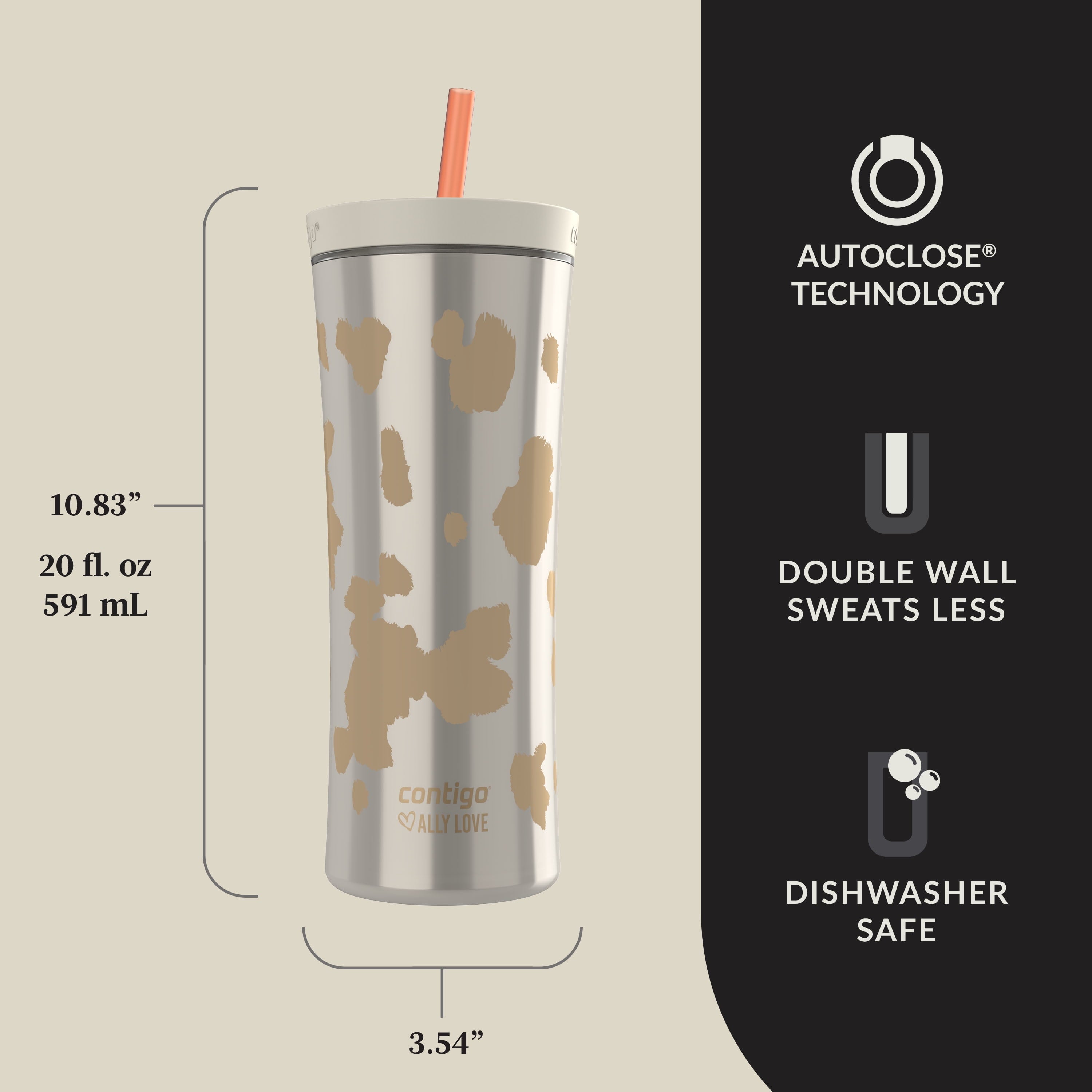 Contigo 20oz Shake &amp; Go Tumbler, Plastic with Straw, Oatmilk Cowhide Couture | HFWK