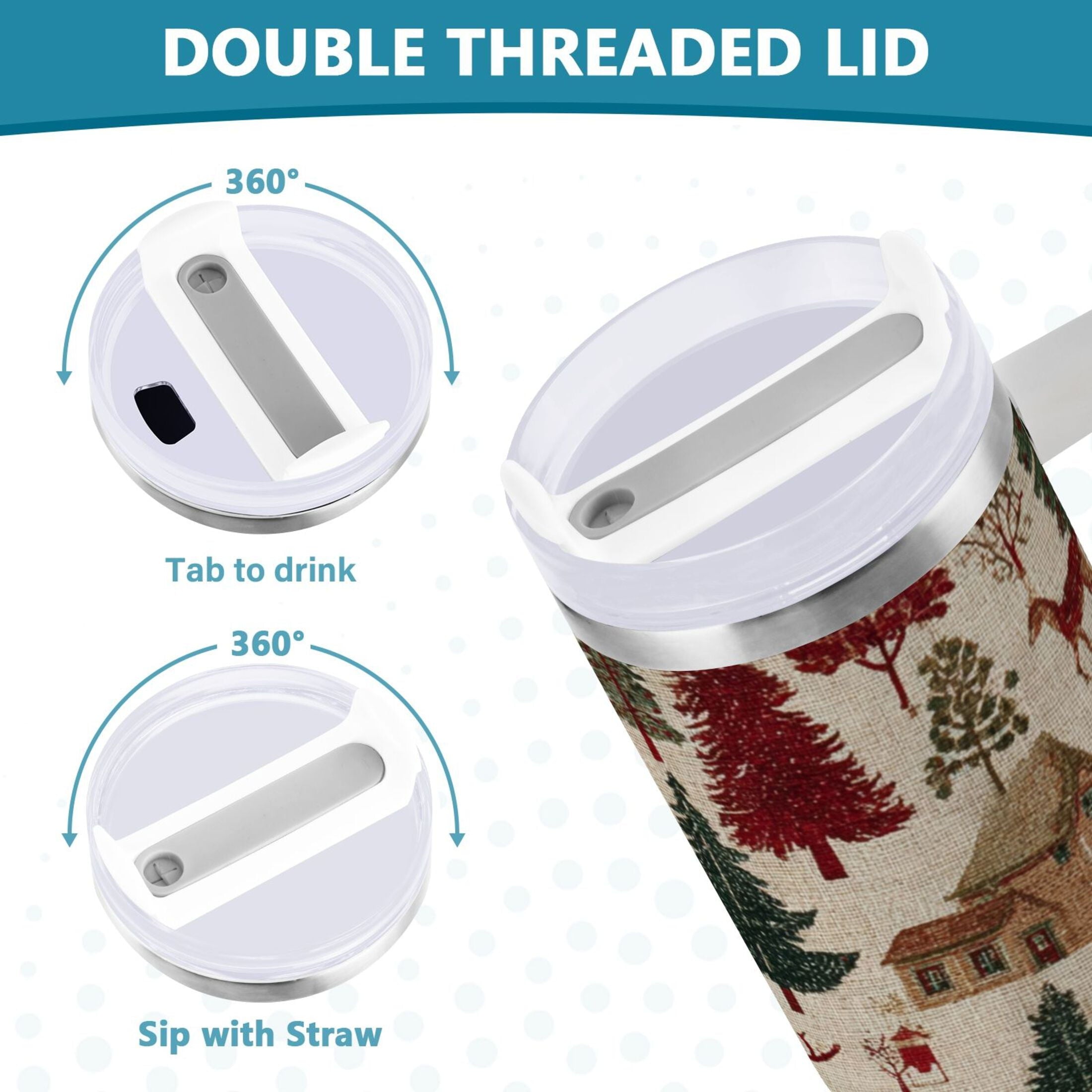 30 oz Insulated Stainless Steel Tumbler Double Wall Stainless Steel Tumbler with 2-Way Drinking Christmas Trees Deer and Houses | DHGE