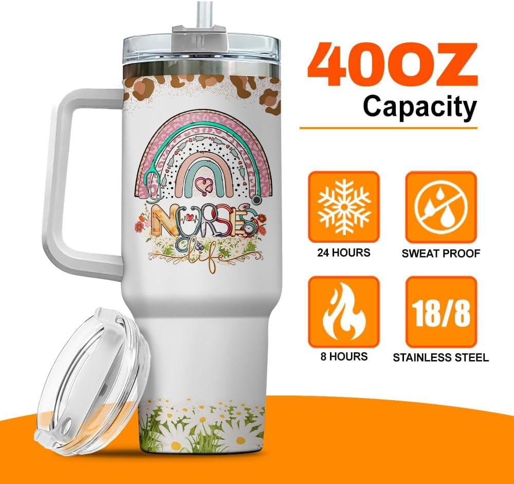 Tumbler 40 Oz With Handle Lid And Straw, Nurse Gifts, Black Camo White Engraved Print Travel Nurses Tumblers Handle Funny Cups Nursing For, Great Nurse Rainbow Daisy Flower | 86KP
