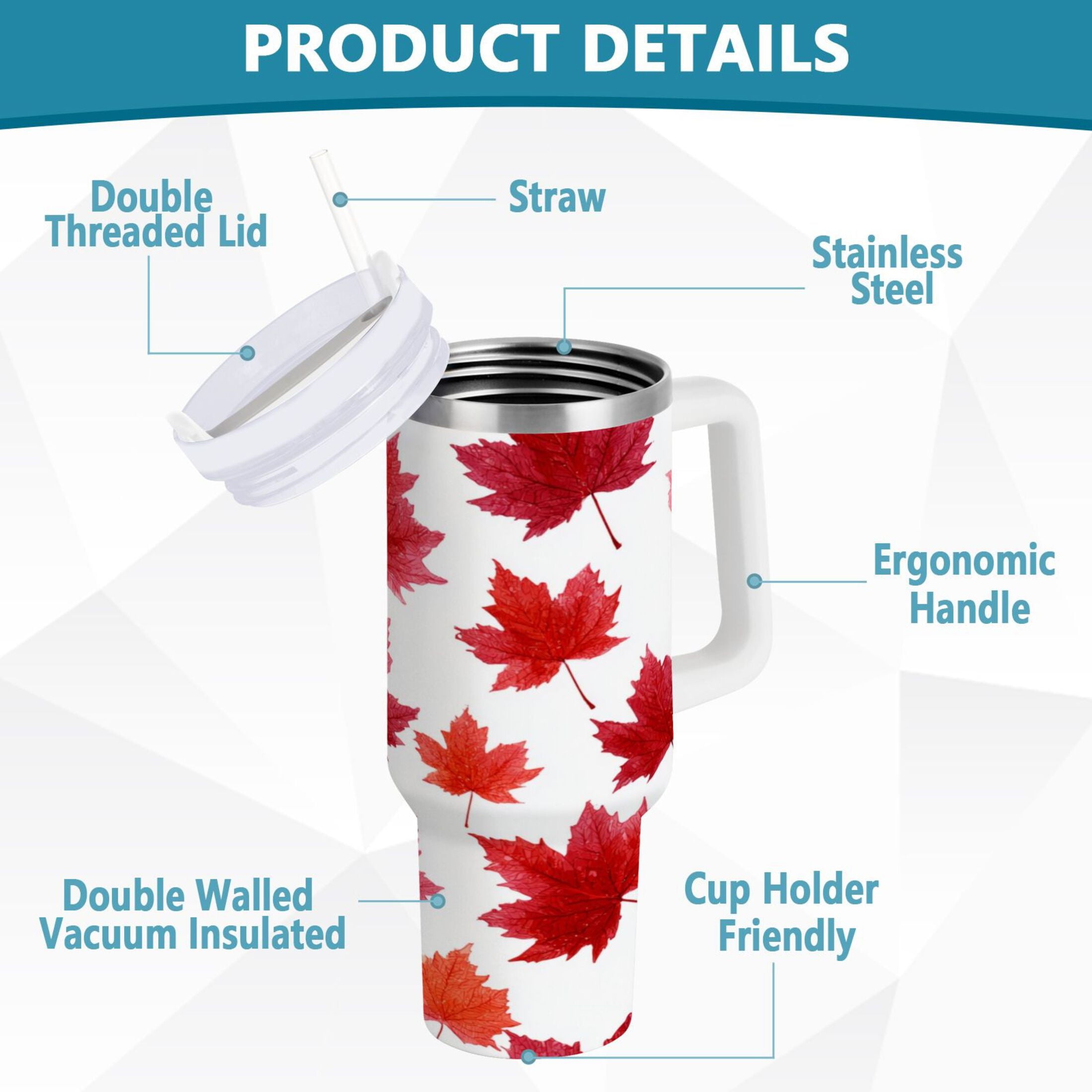 30 oz Insulated Stainless Steel Tumbler Double Wall Stainless Steel Tumbler with 2-Way Drinking Vibrant Red Maple Leaves | 3N8W