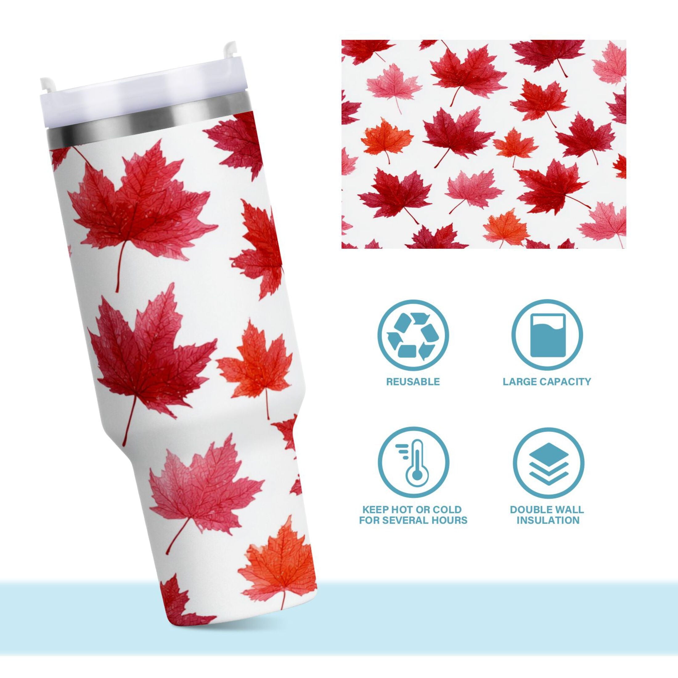 30 oz Insulated Stainless Steel Tumbler Double Wall Stainless Steel Tumbler with 2-Way Drinking Vibrant Red Maple Leaves | 3N8W