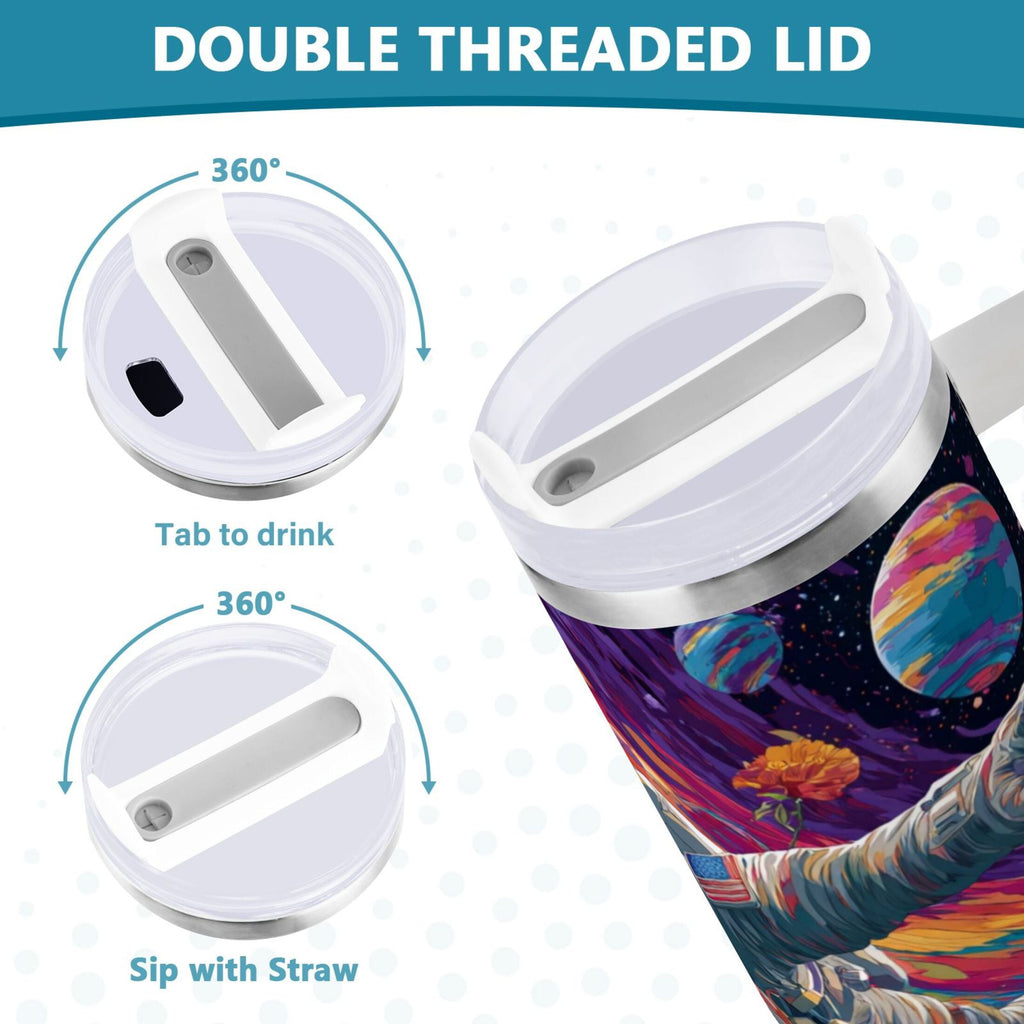 40 oz Insulated Stainless Steel Tumbler Double Wall Stainless Steel Tumbler with 2-Way Drinking Colorful Flowers and Planets | R6FR