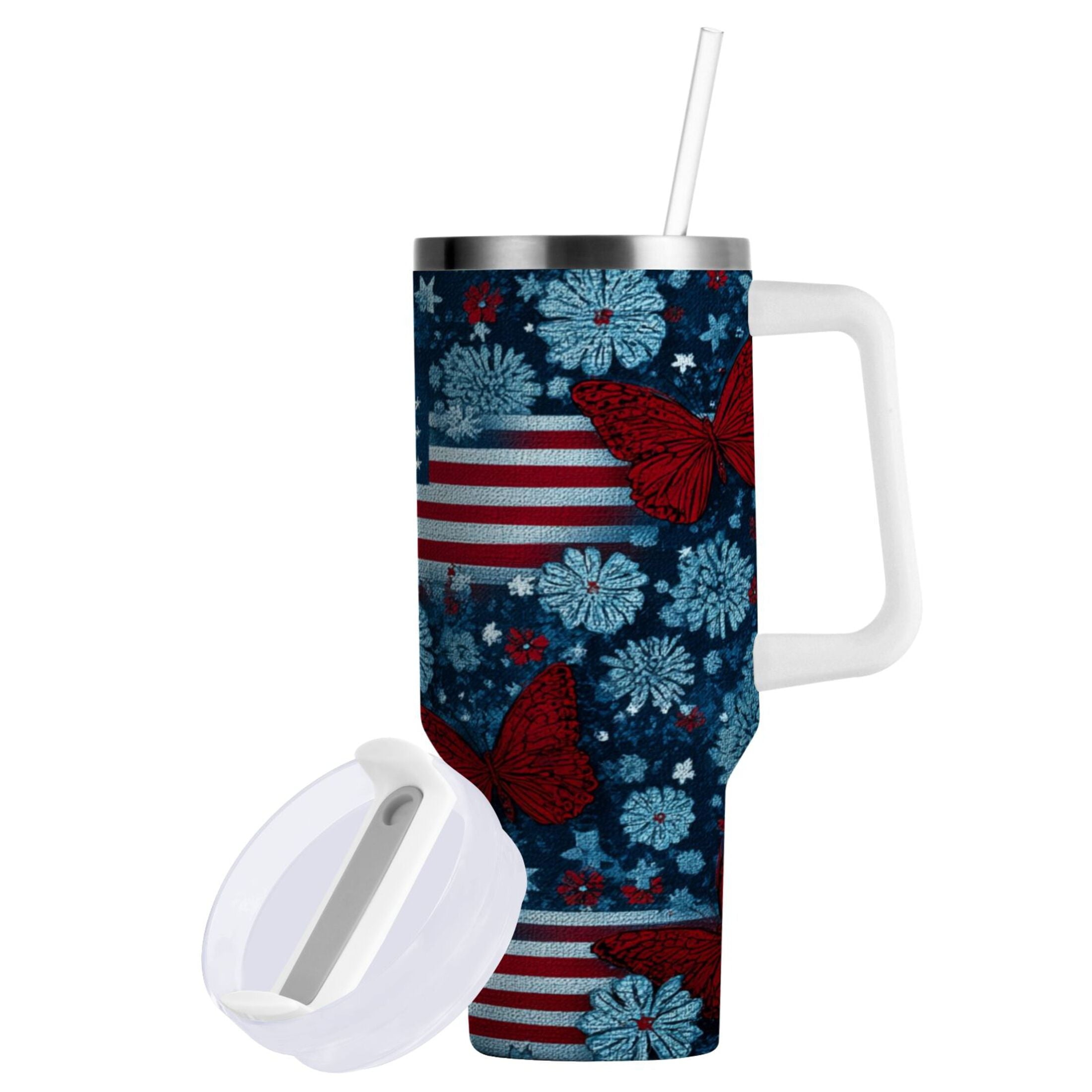 30 oz Insulated Stainless Steel Tumbler Double Wall Stainless Steel Tumbler with 2-Way Drinking Red Butterflies and Flags | PY3J