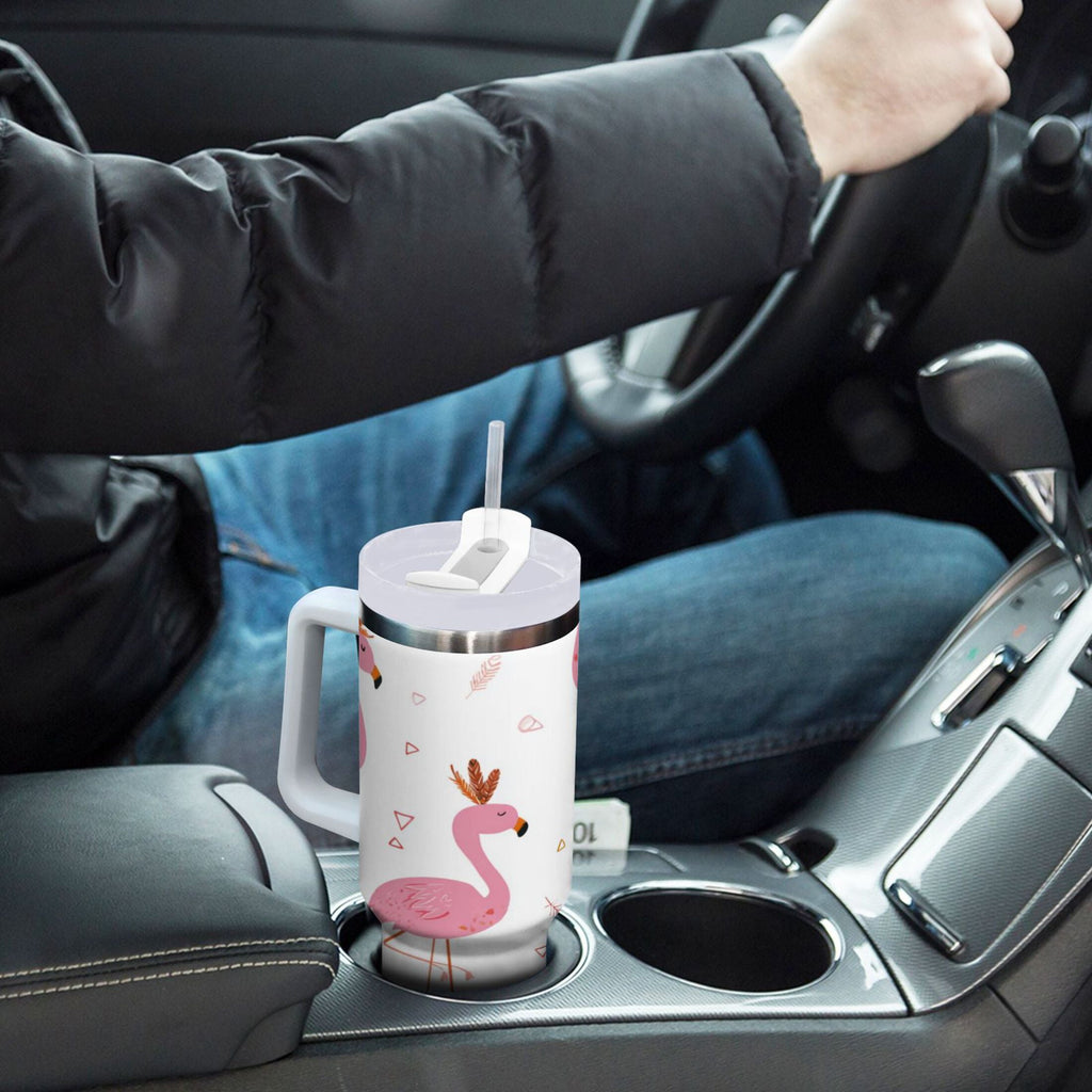 40 oz Insulated Stainless Steel Tumbler Double Wall Stainless Steel Tumbler with 2-Way Drinking Cute Pink Flamingo Pattern | QXF1