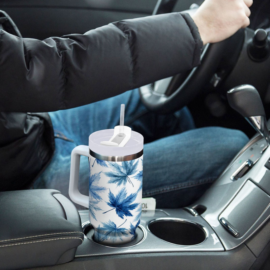 30 oz Insulated Stainless Steel Tumbler Double Wall Stainless Steel Tumbler with 2-Way Drinking Abstract Blue Maple Leaves | TZZM