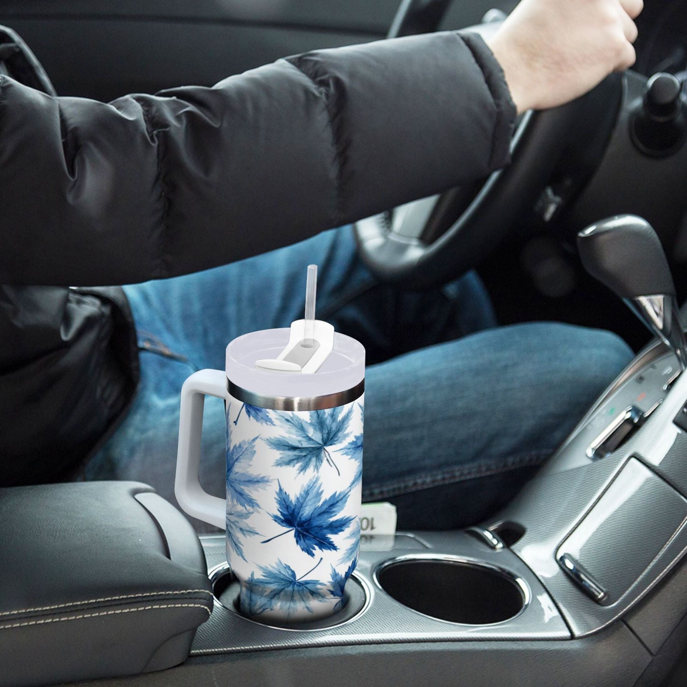30 oz Insulated Stainless Steel Tumbler Double Wall Stainless Steel Tumbler with 2-Way Drinking Abstract Blue Maple Leaves | TZZM
