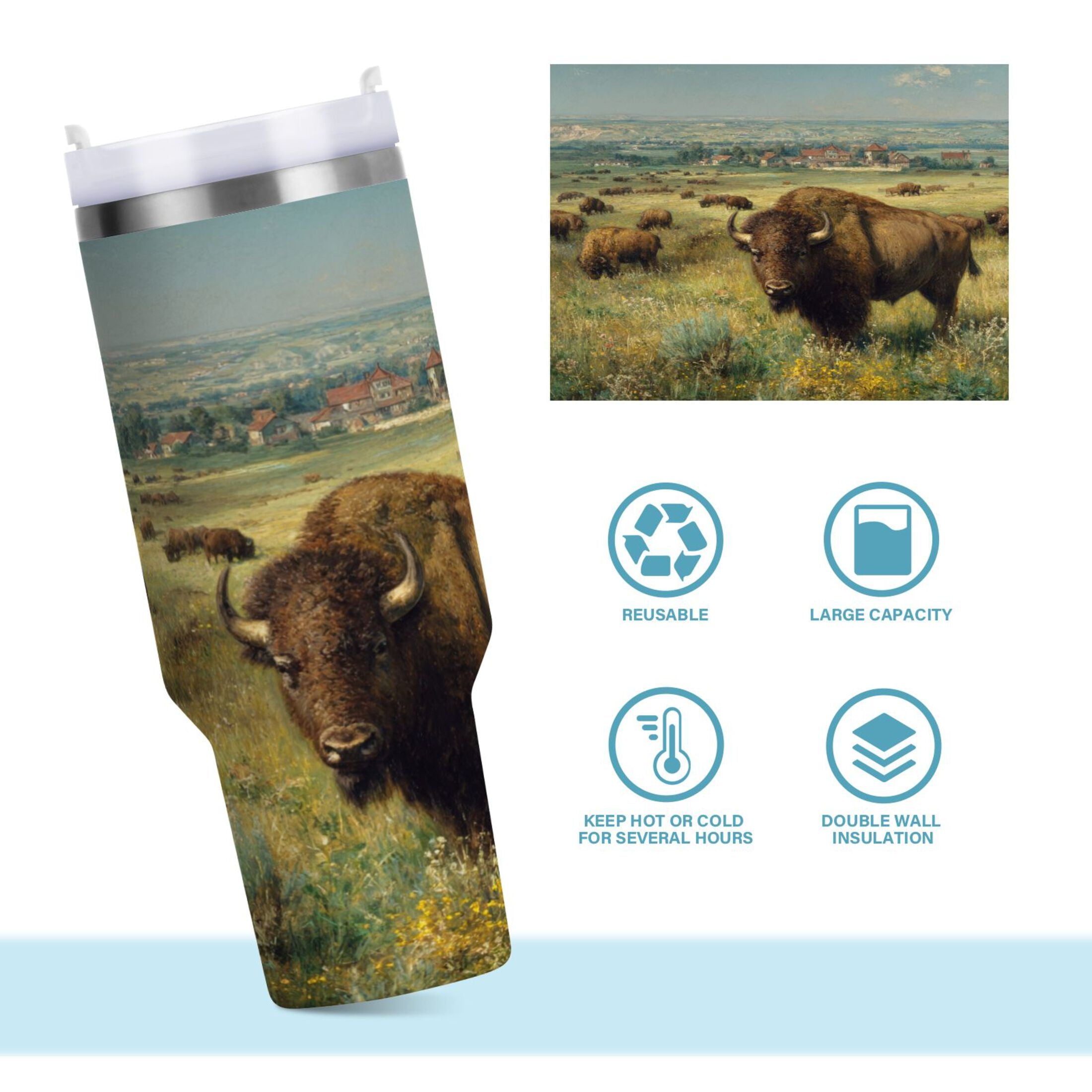 30 oz Insulated Stainless Steel Tumbler Double Wall Stainless Steel Tumbler with 2-Way Drinking Buffalo Herd Oil Painting | CQ61