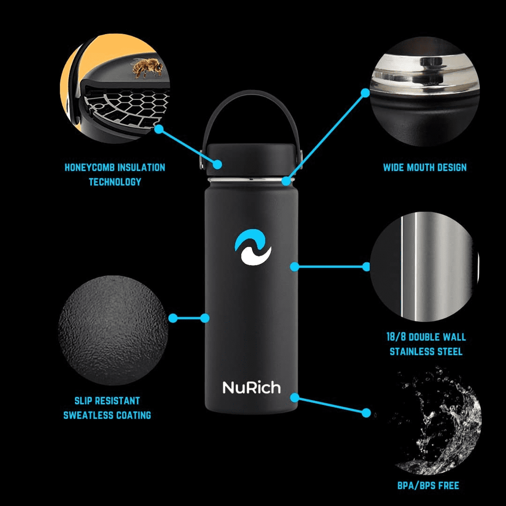 NuRich Sports Water Bottle - 18 Oz, Vacuum Insulated Stainless Steel, Modern Double Walled, Simple Thermo Modern Mug, Hydro Metal Canteen Flask Wide Mouth with Sweat Proof Design for Cold &amp; Hot Temp | GS4H