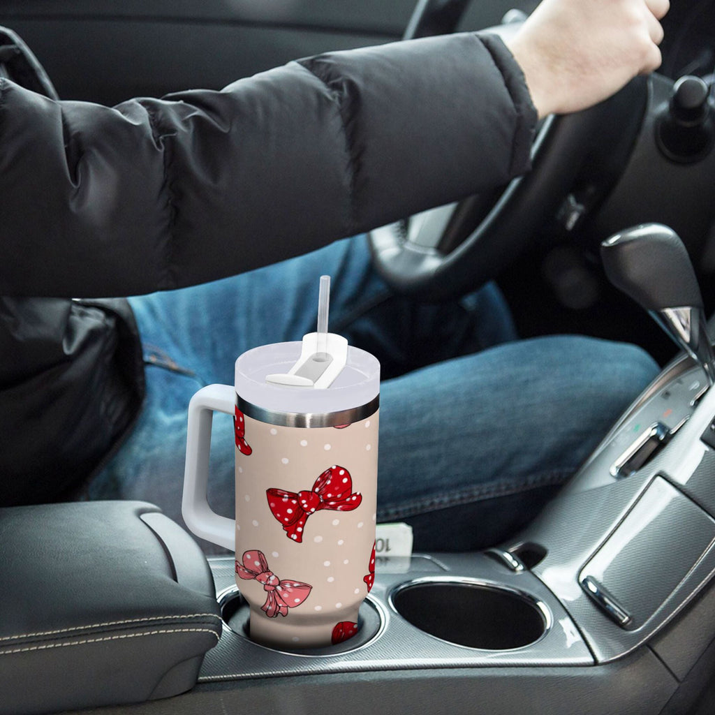 30 oz Insulated Stainless Steel Tumbler Double Wall Stainless Steel Tumbler with 2-Way Drinking Cute Red Bows Pattern | FSE2