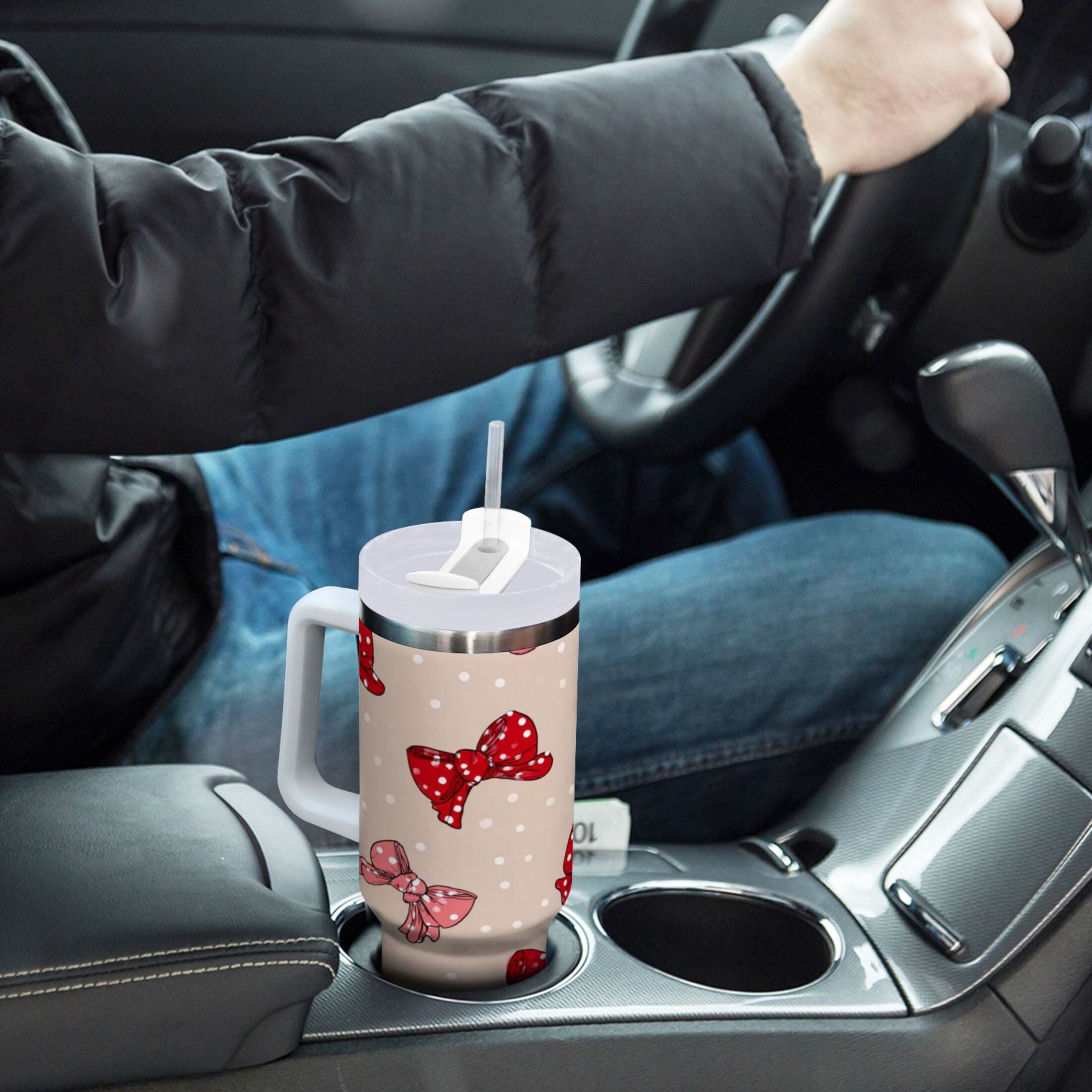 30 oz Insulated Stainless Steel Tumbler Double Wall Stainless Steel Tumbler with 2-Way Drinking Cute Red Bows Pattern | FSE2