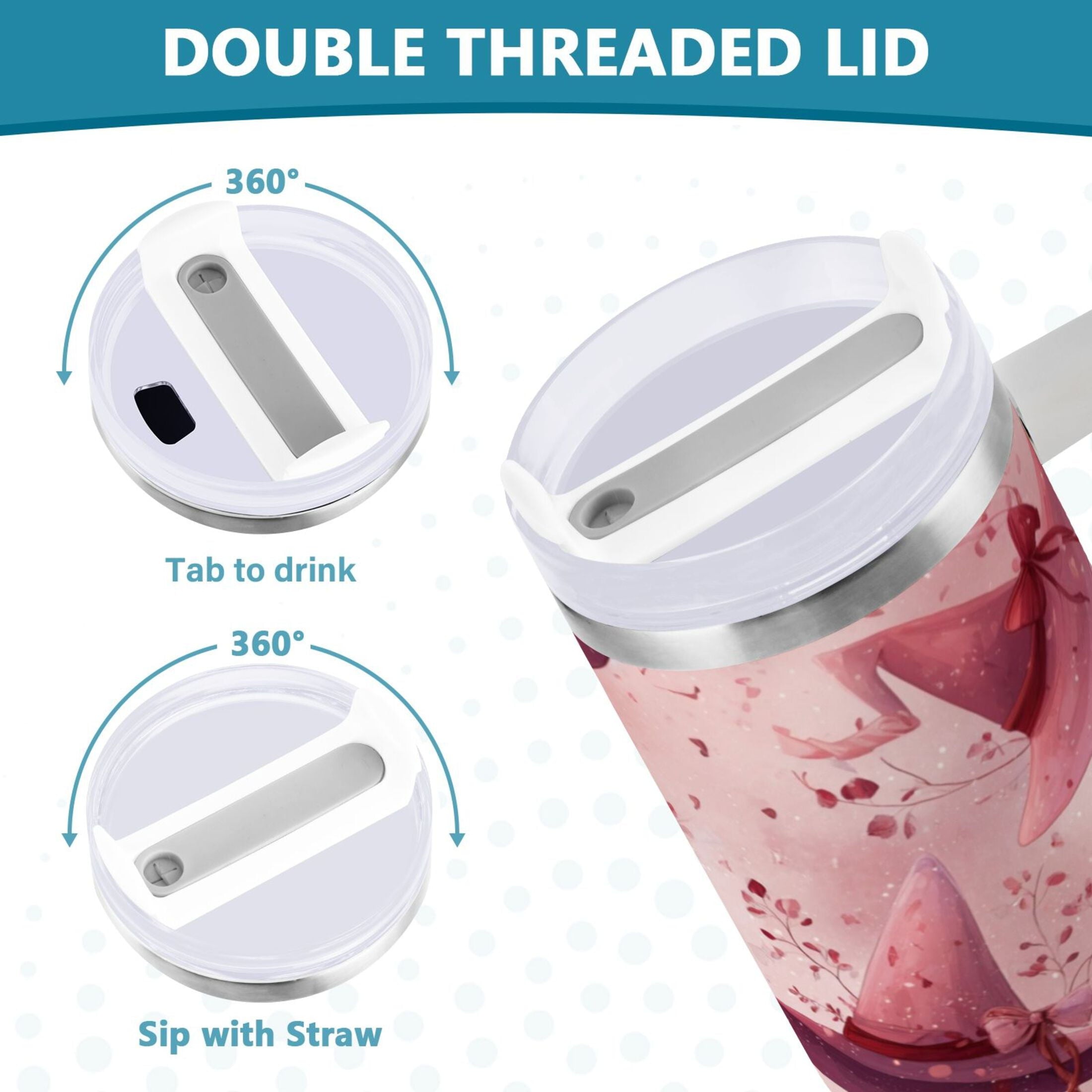 30 oz Insulated Stainless Steel Tumbler Double Wall Stainless Steel Tumbler with 2-Way Drinking Hats with Delicate Bows | R679