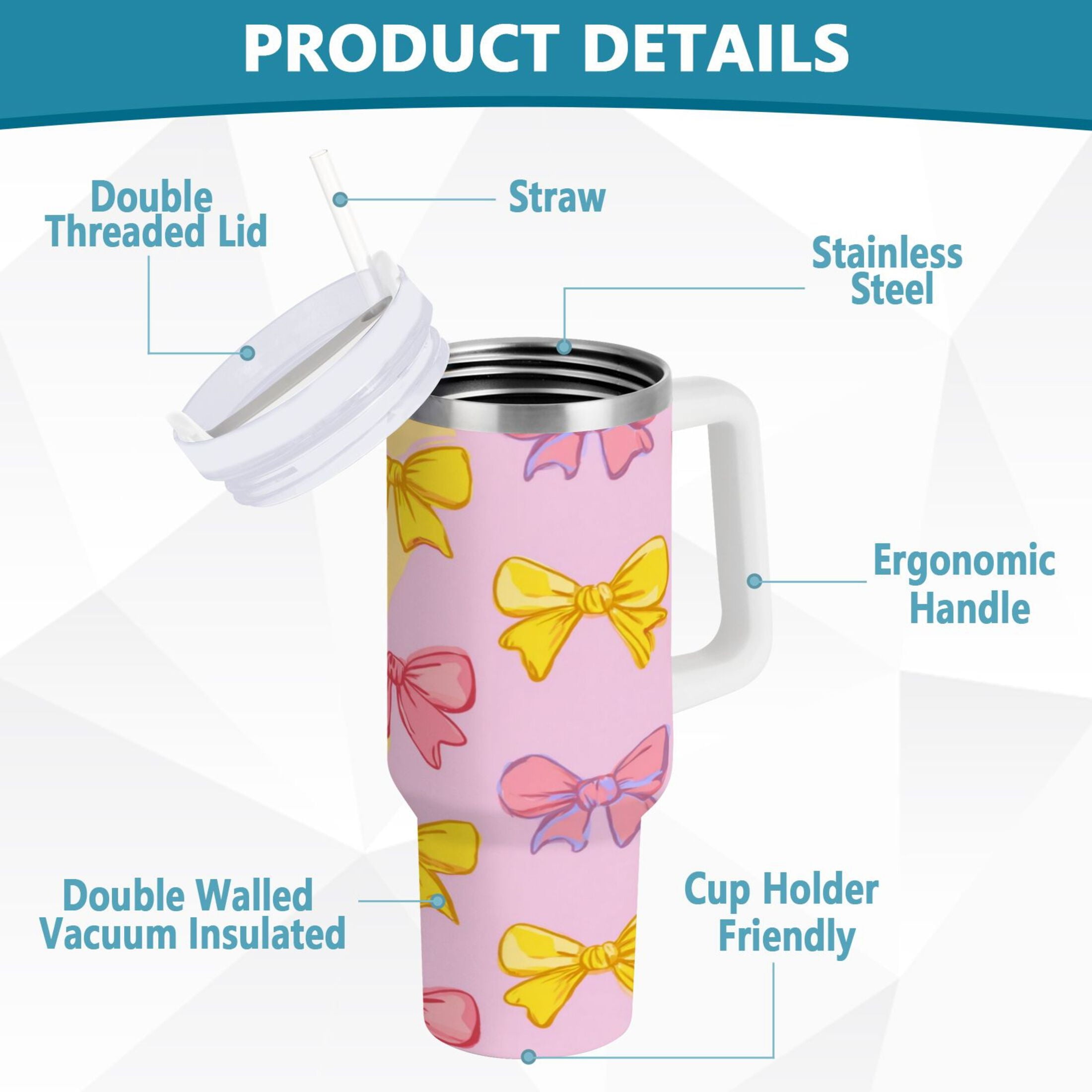 30 oz Insulated Stainless Steel Tumbler Double Wall Stainless Steel Tumbler with 2-Way Drinking Yellow and Pink Bows | I2W4