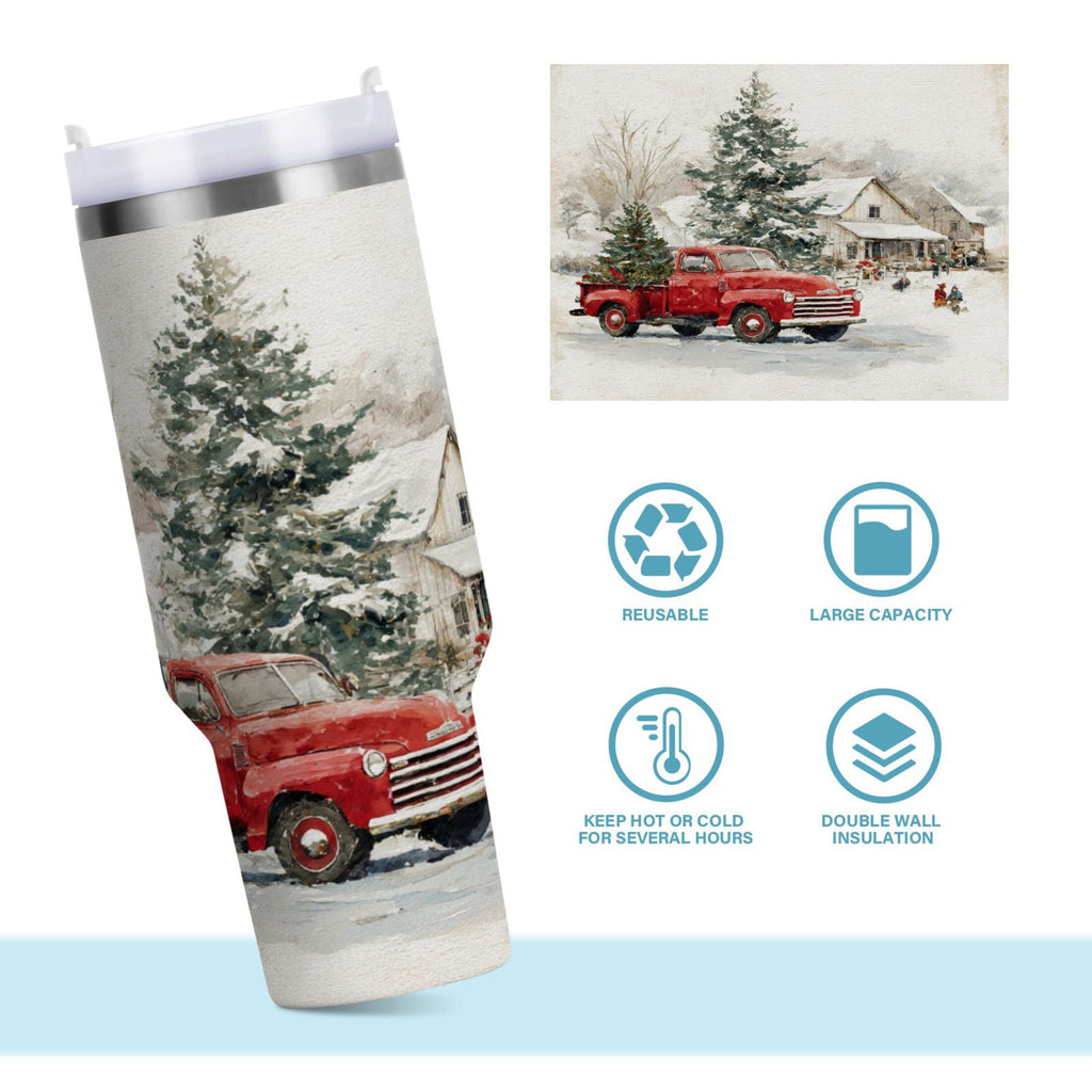 30 oz Insulated Stainless Steel Tumbler Double Wall Stainless Steel Tumbler with 2-Way Drinking Truck with Christmas Decorations | F1R1