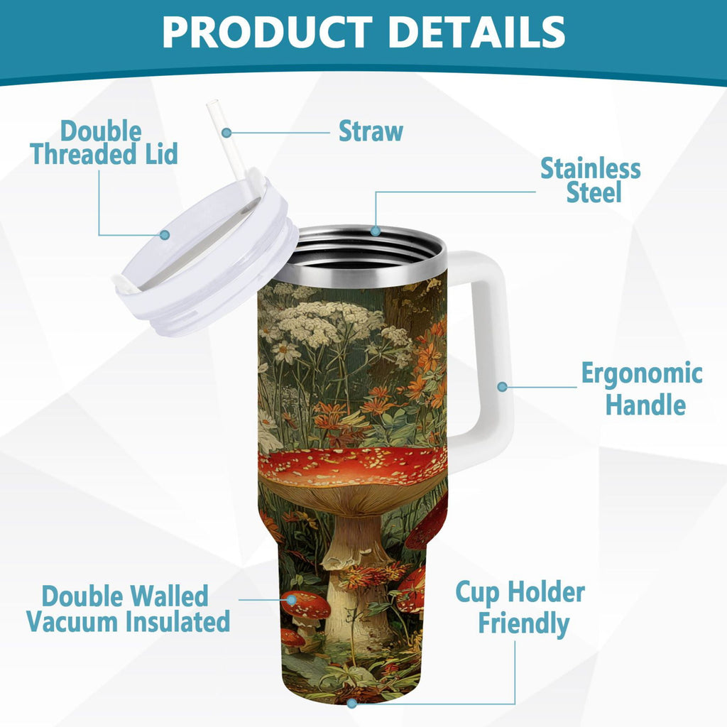40 oz Insulated Stainless Steel Tumbler Double Wall Stainless Steel Tumbler with 2-Way Drinking Red Mushrooms | LCVZ