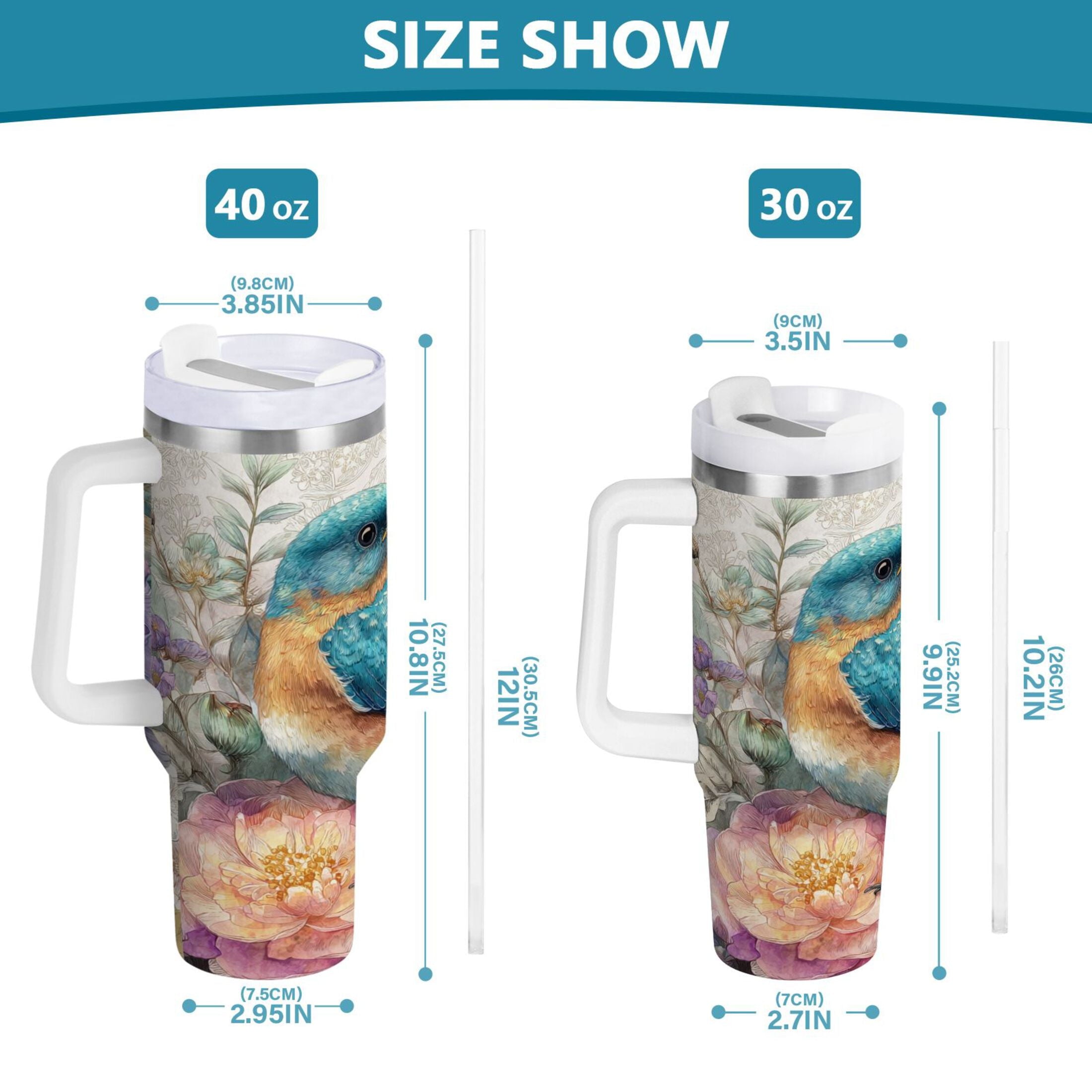 30 oz Insulated Stainless Steel Tumbler Double Wall Stainless Steel Tumbler with 2-Way Drinking Bluebird and Flower | 55IV