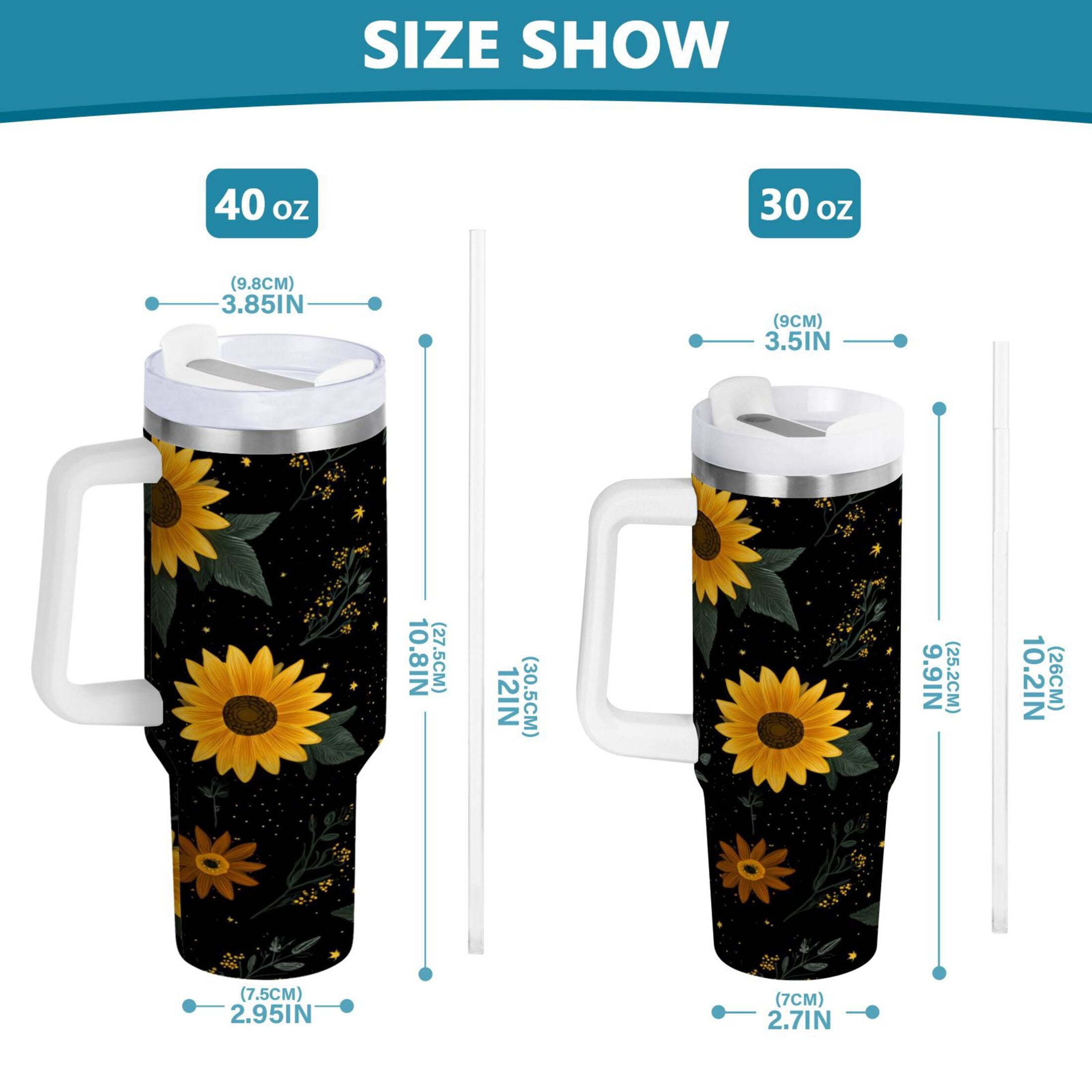 30 oz Insulated Stainless Steel Tumbler Double Wall Stainless Steel Tumbler with 2-Way Drinking Yellow Sunflower Pattern | YHWP