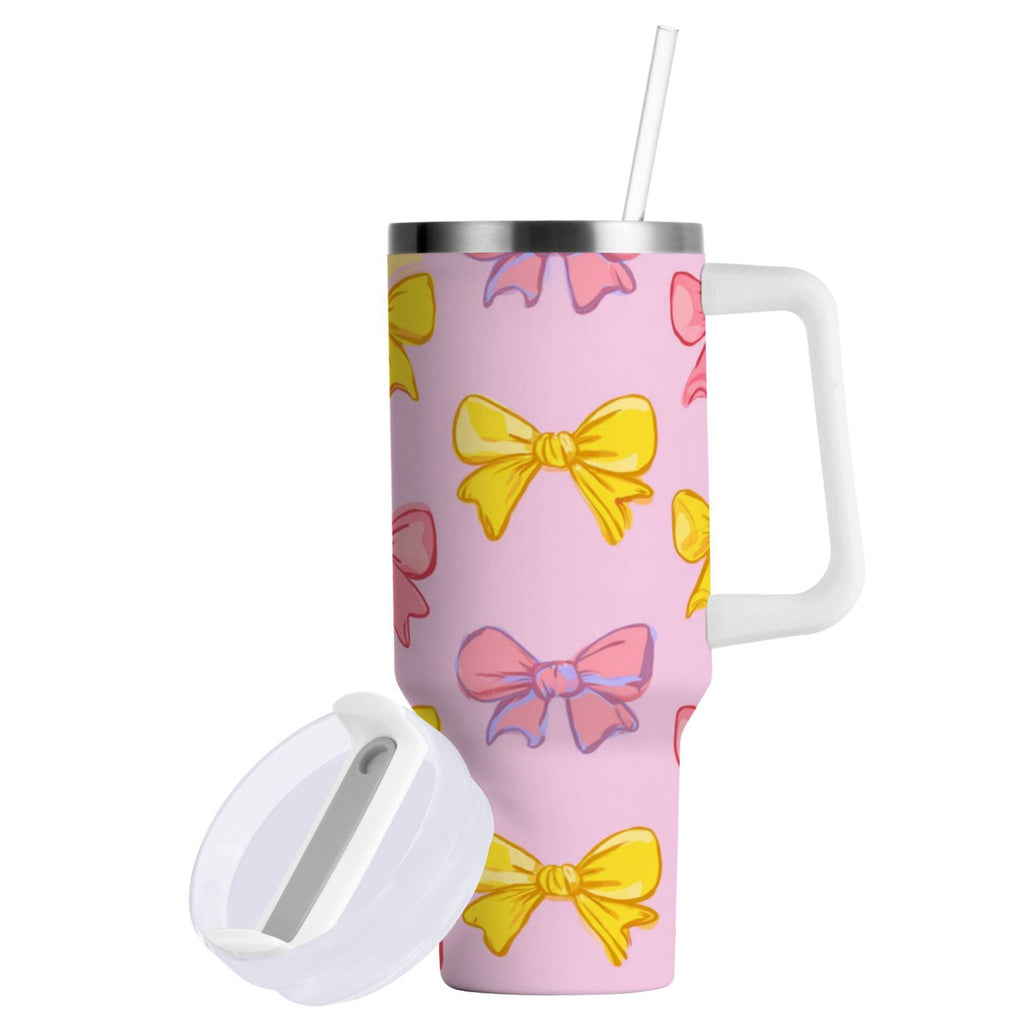 30 oz Insulated Stainless Steel Tumbler Double Wall Stainless Steel Tumbler with 2-Way Drinking Yellow and Pink Bows | I2W4