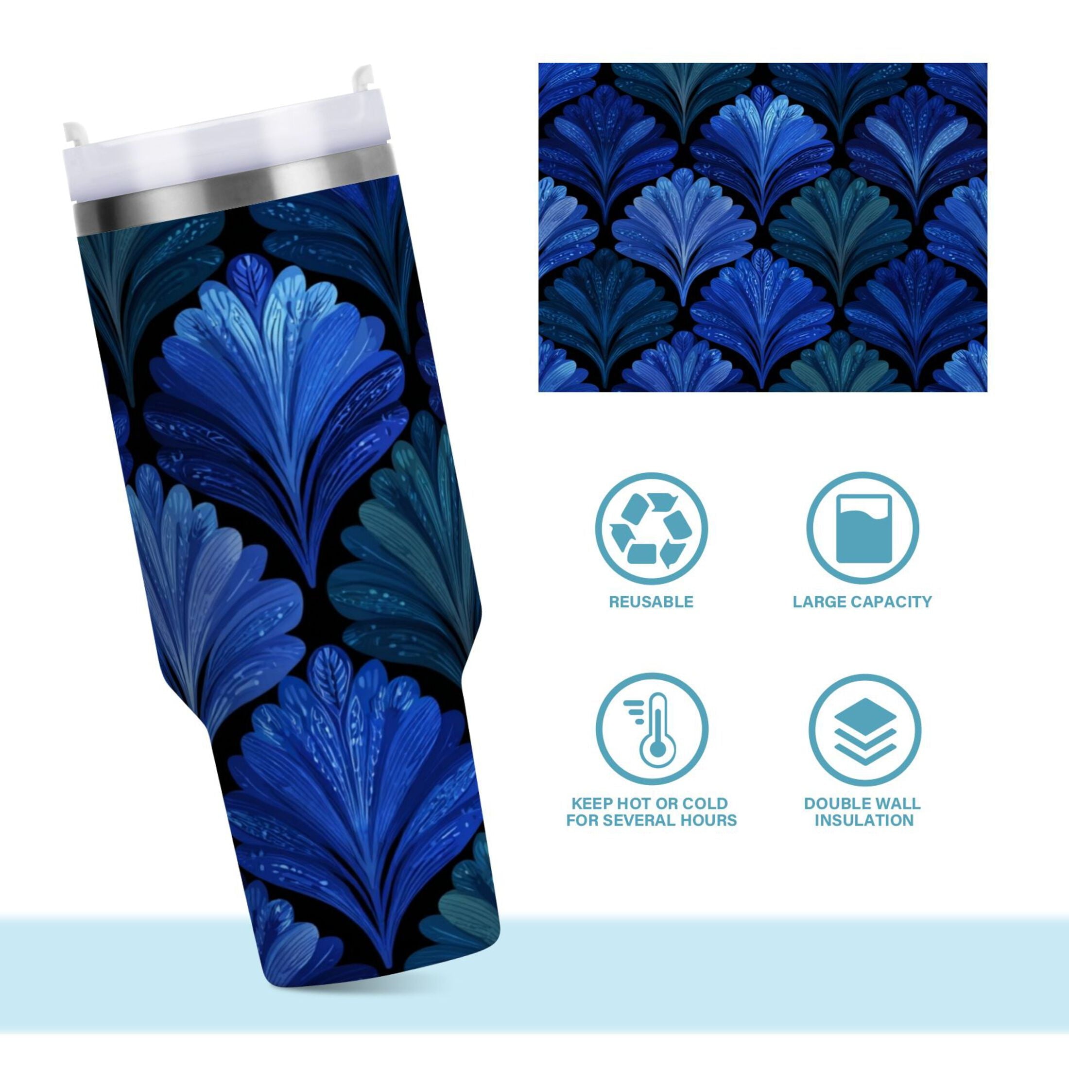 30 oz Insulated Stainless Steel Tumbler Double Wall Stainless Steel Tumbler with 2-Way Drinking Blue Batik Leaves Pattern | JMRV