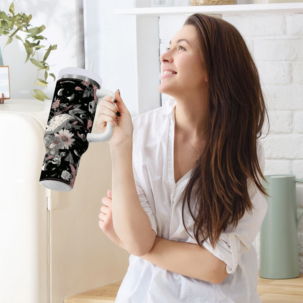 40 oz Insulated Stainless Steel Tumbler Double Wall Stainless Steel Tumbler with 2-Way Drinking Butterfly Surrounded by Flowers | VAYT