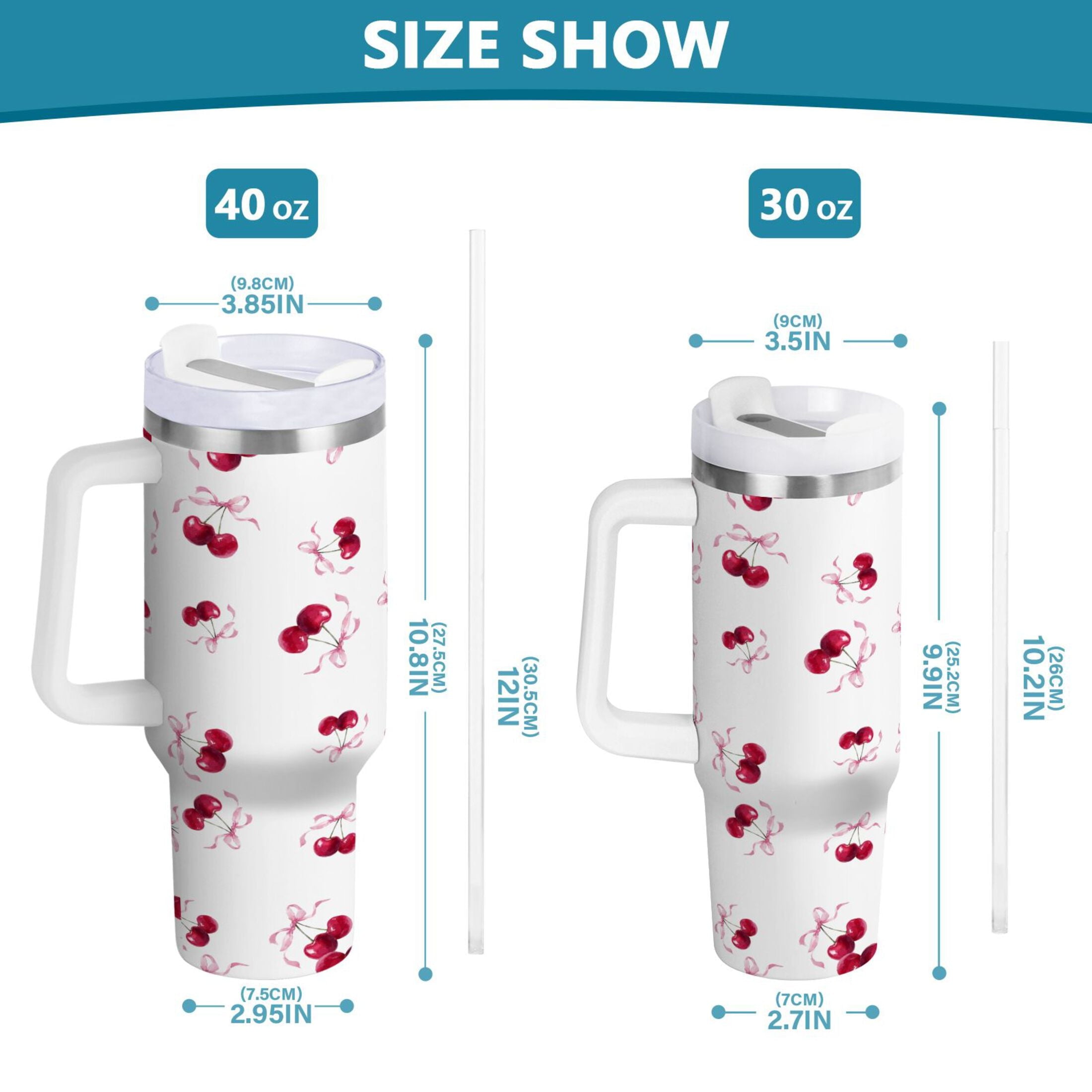 30 oz Insulated Stainless Steel Tumbler Double Wall Stainless Steel Tumbler with 2-Way Drinking Watercolor Cherries Pattern | DSFW