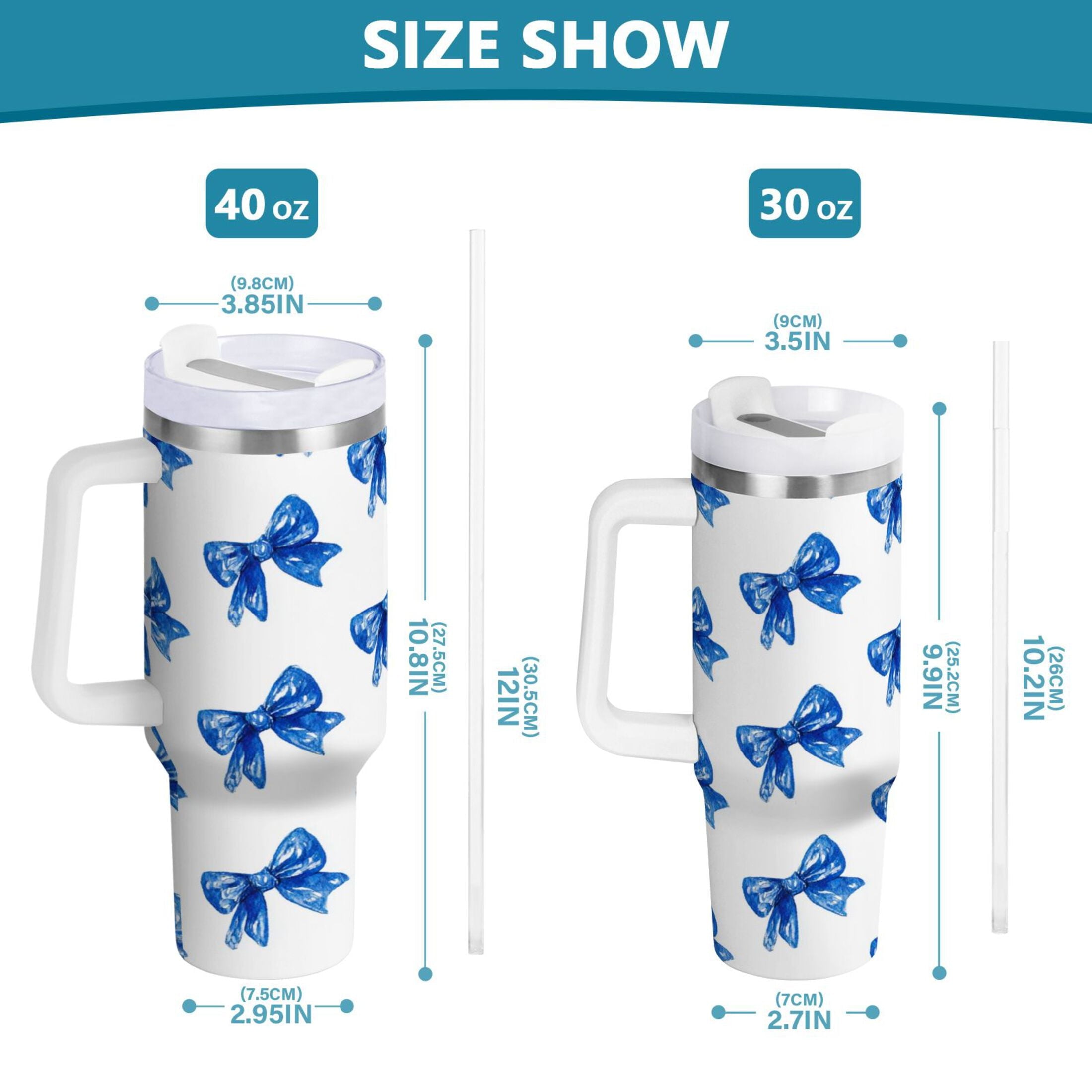 30 oz Insulated Stainless Steel Tumbler Double Wall Stainless Steel Tumbler with 2-Way Drinking Blue Bows Pattern | LSH4