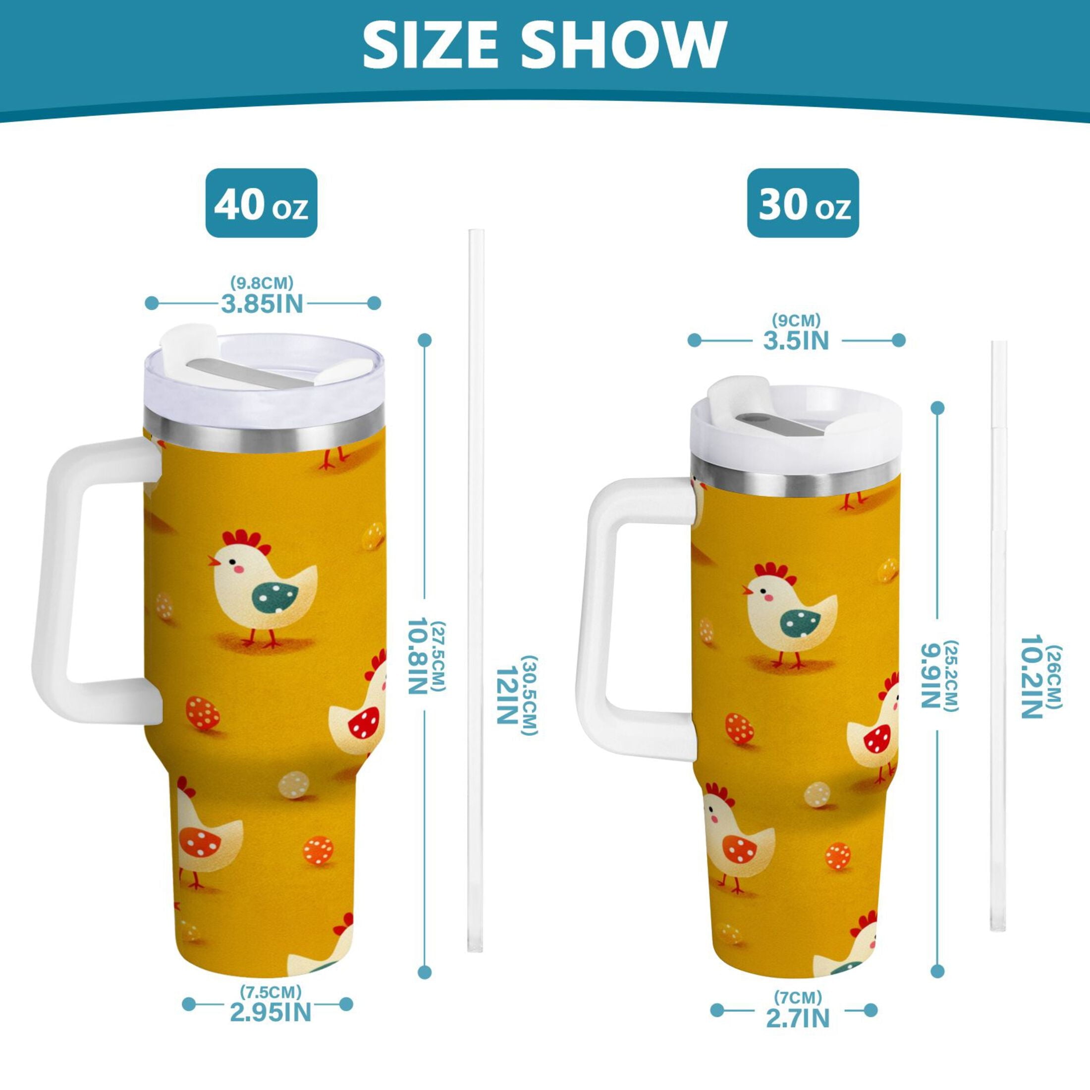 30 oz Insulated Stainless Steel Tumbler Double Wall Stainless Steel Tumbler with 2-Way Drinking Cartoon Chickens Pattern | DJF3