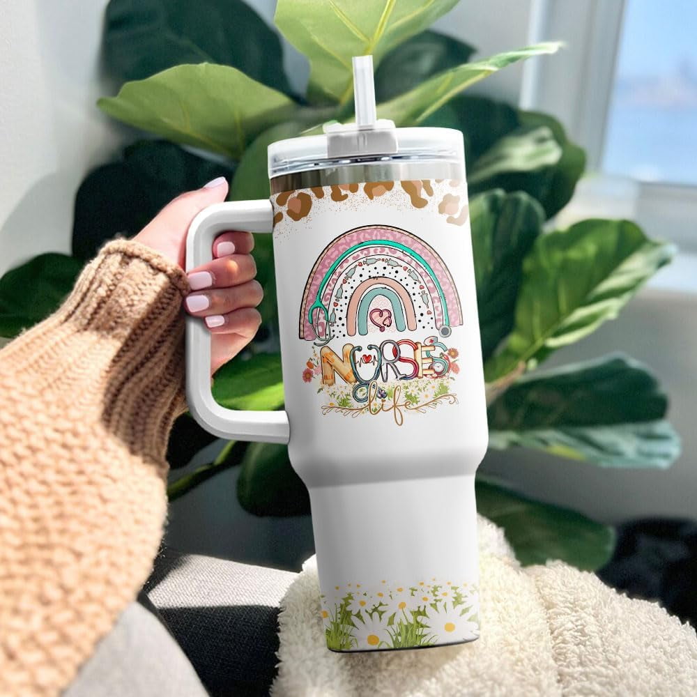 Tumbler 40 Oz With Handle Lid And Straw, Nurse Gifts, Black Camo White Engraved Print Travel Nurses Tumblers Handle Funny Cups Nursing For, Great Nurse Rainbow Daisy Flower | 86KP
