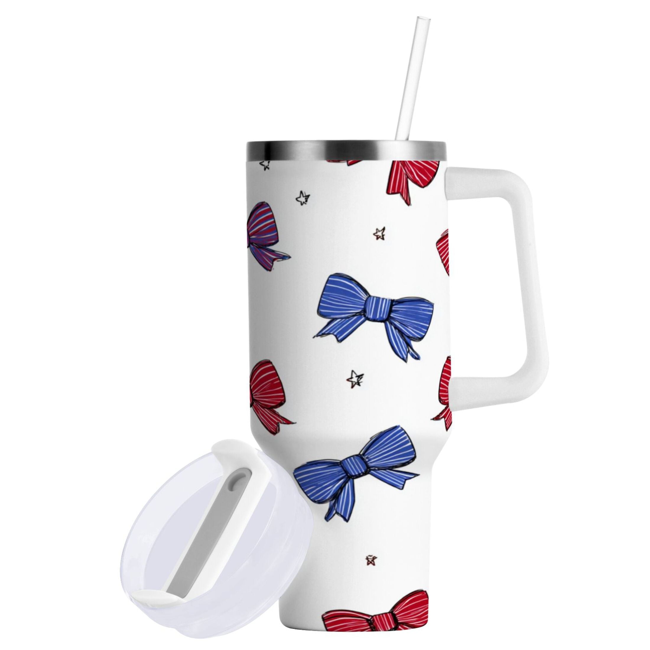 30 oz Insulated Stainless Steel Tumbler Double Wall Stainless Steel Tumbler with 2-Way Drinking Red and Blue Stripe Bows | CK7X
