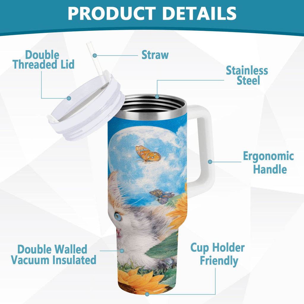 40 oz Insulated Stainless Steel Tumbler Double Wall Stainless Steel Tumbler with 2-Way Drinking Playful Cat Lying Sunflowers | 0JB7