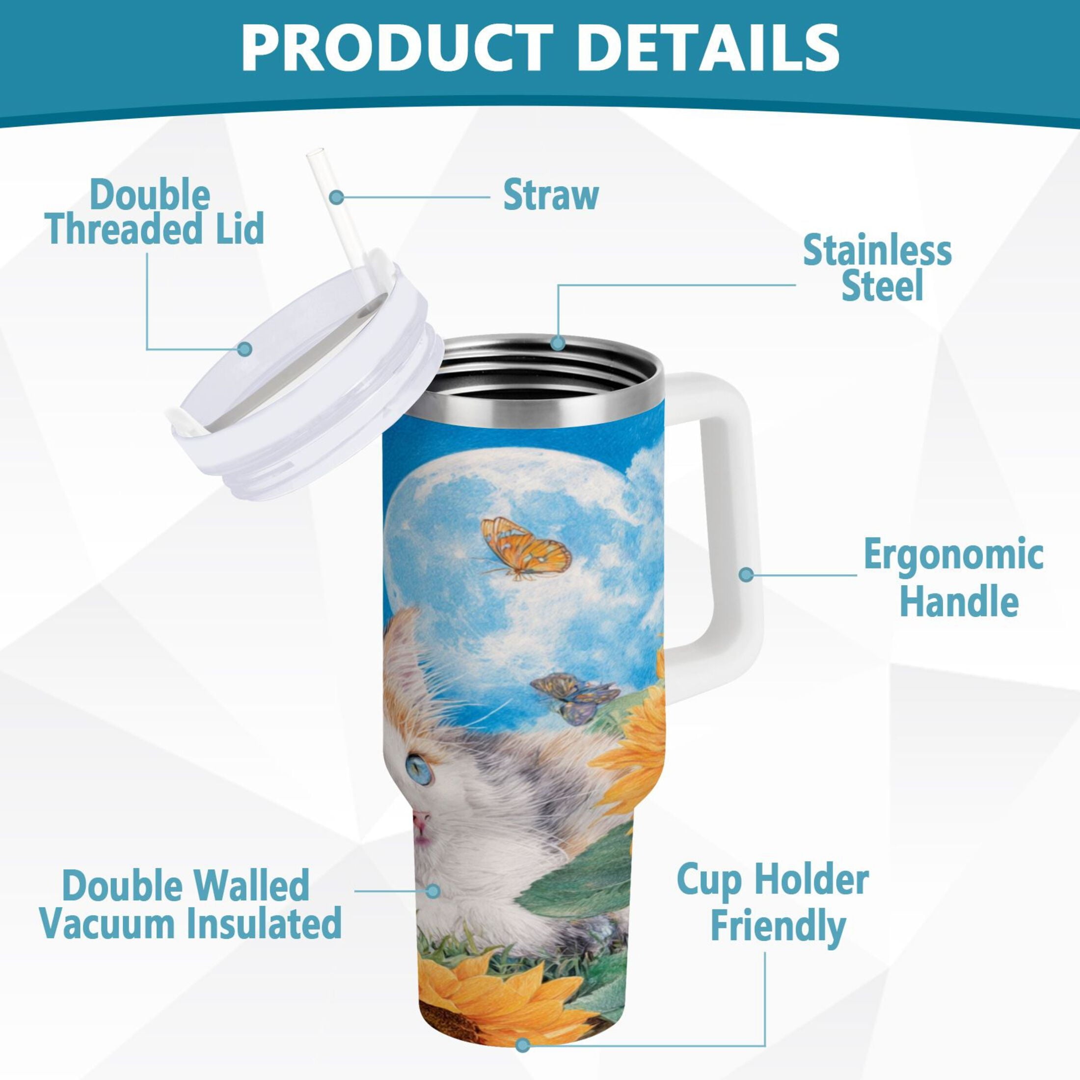 40 oz Insulated Stainless Steel Tumbler Double Wall Stainless Steel Tumbler with 2-Way Drinking Playful Cat Lying Sunflowers | 0JB7