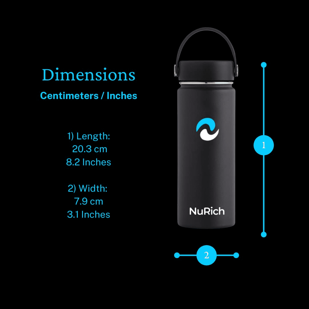 NuRich Sports Water Bottle - 18 Oz, Vacuum Insulated Stainless Steel, Modern Double Walled, Simple Thermo Modern Mug, Hydro Metal Canteen Flask Wide Mouth with Sweat Proof Design for Cold &amp; Hot Temp | GS4H