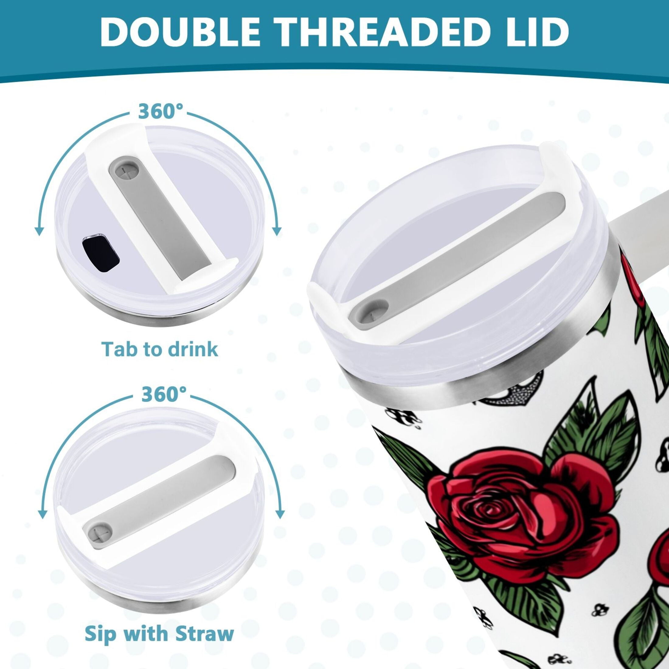 40 oz Insulated Stainless Steel Tumbler Double Wall Stainless Steel Tumbler with 2-Way Drinking Red Roses and Cherries | NJNQ