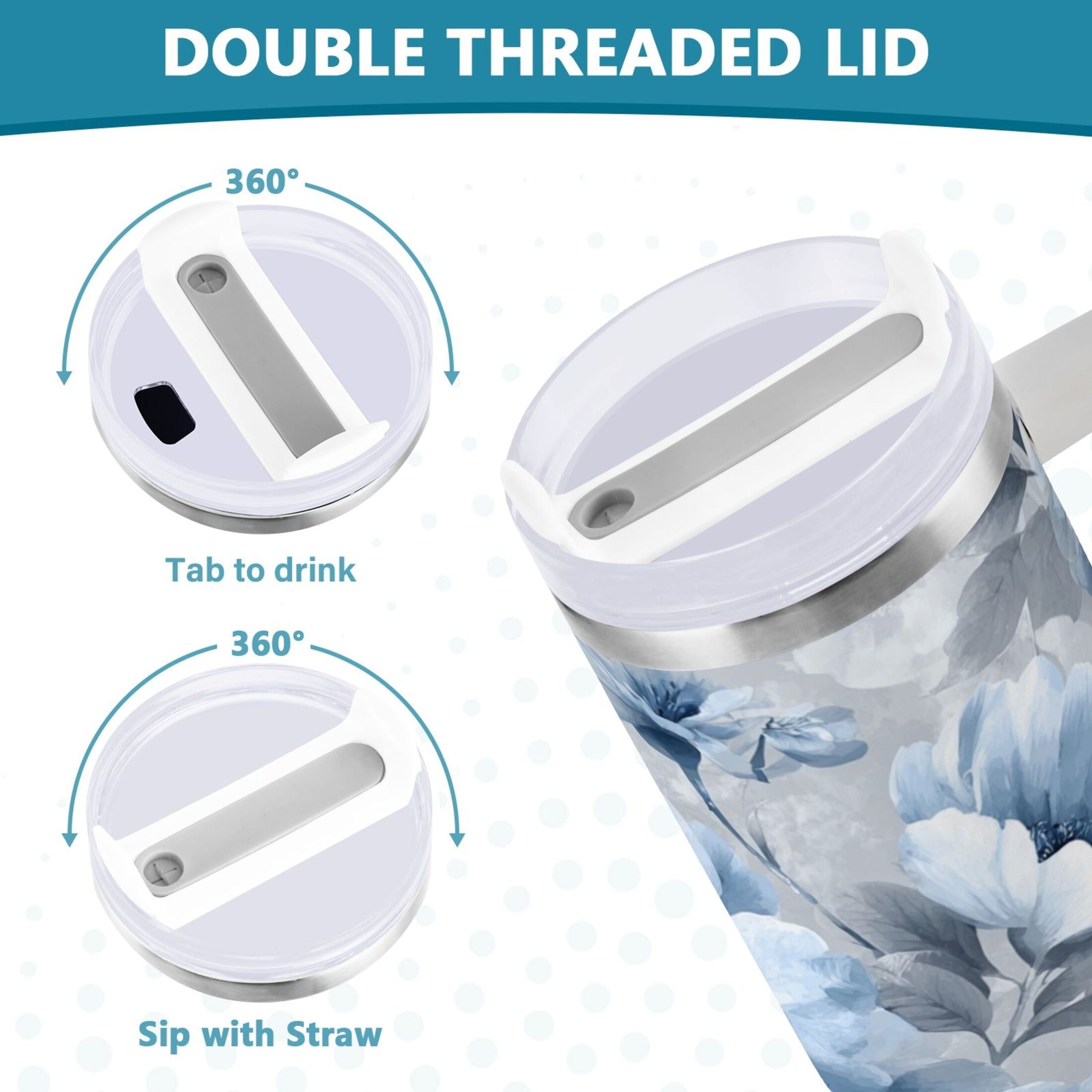 40 oz Insulated Stainless Steel Tumbler Double Wall Stainless Steel Tumbler with 2-Way Drinking White Floral Pattern | KEFA