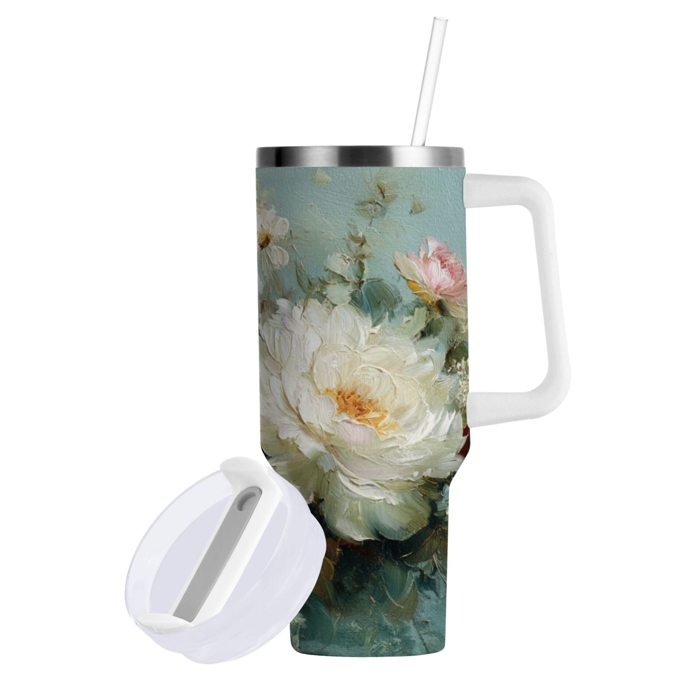 40 oz Insulated Stainless Steel Tumbler Double Wall Stainless Steel Tumbler with 2-Way Drinking Vintage Peonies and Daisies | 0ZIT