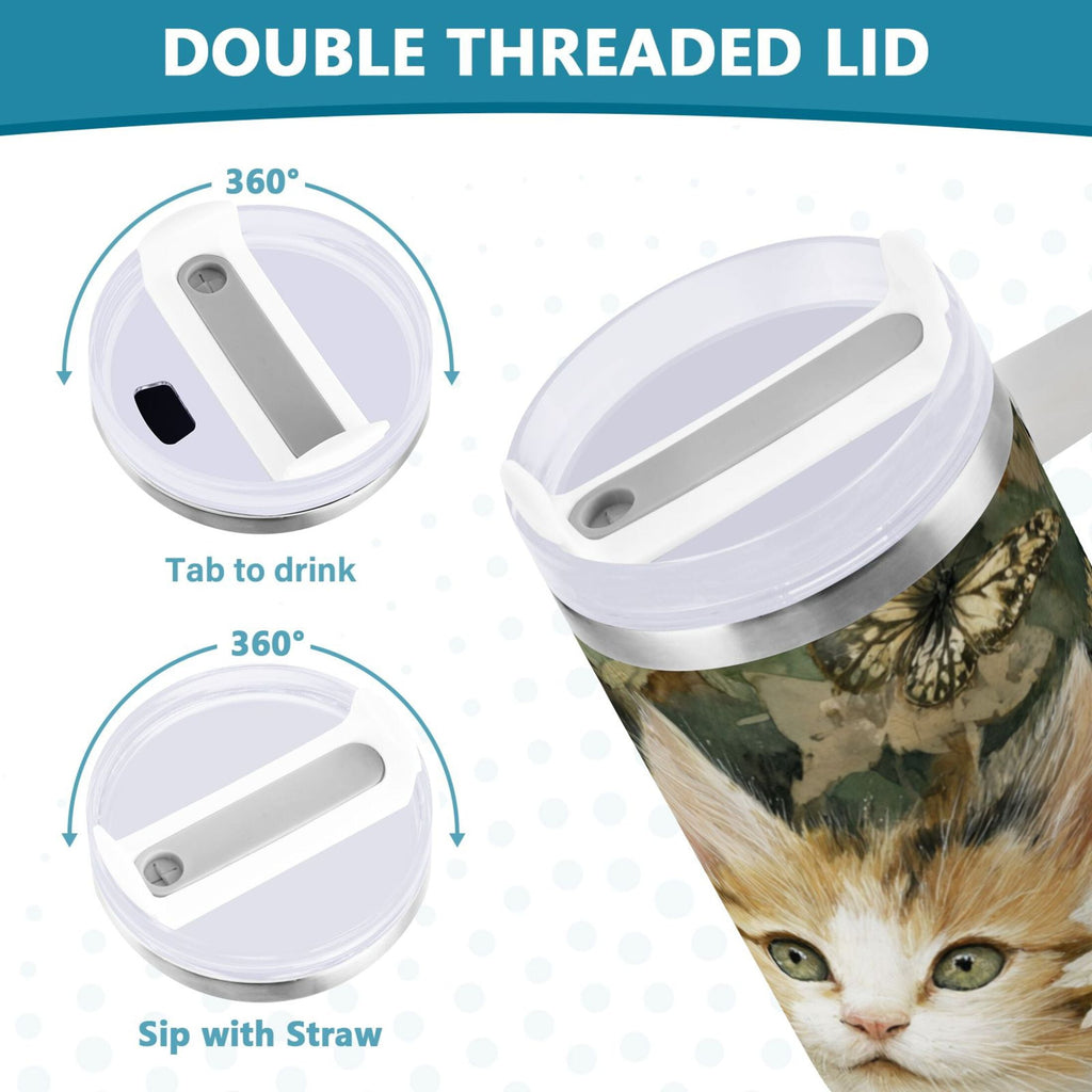 30 oz Insulated Stainless Steel Tumbler Double Wall Stainless Steel Tumbler with 2-Way Drinking Adorable Cats and Daisies | 2EZ5