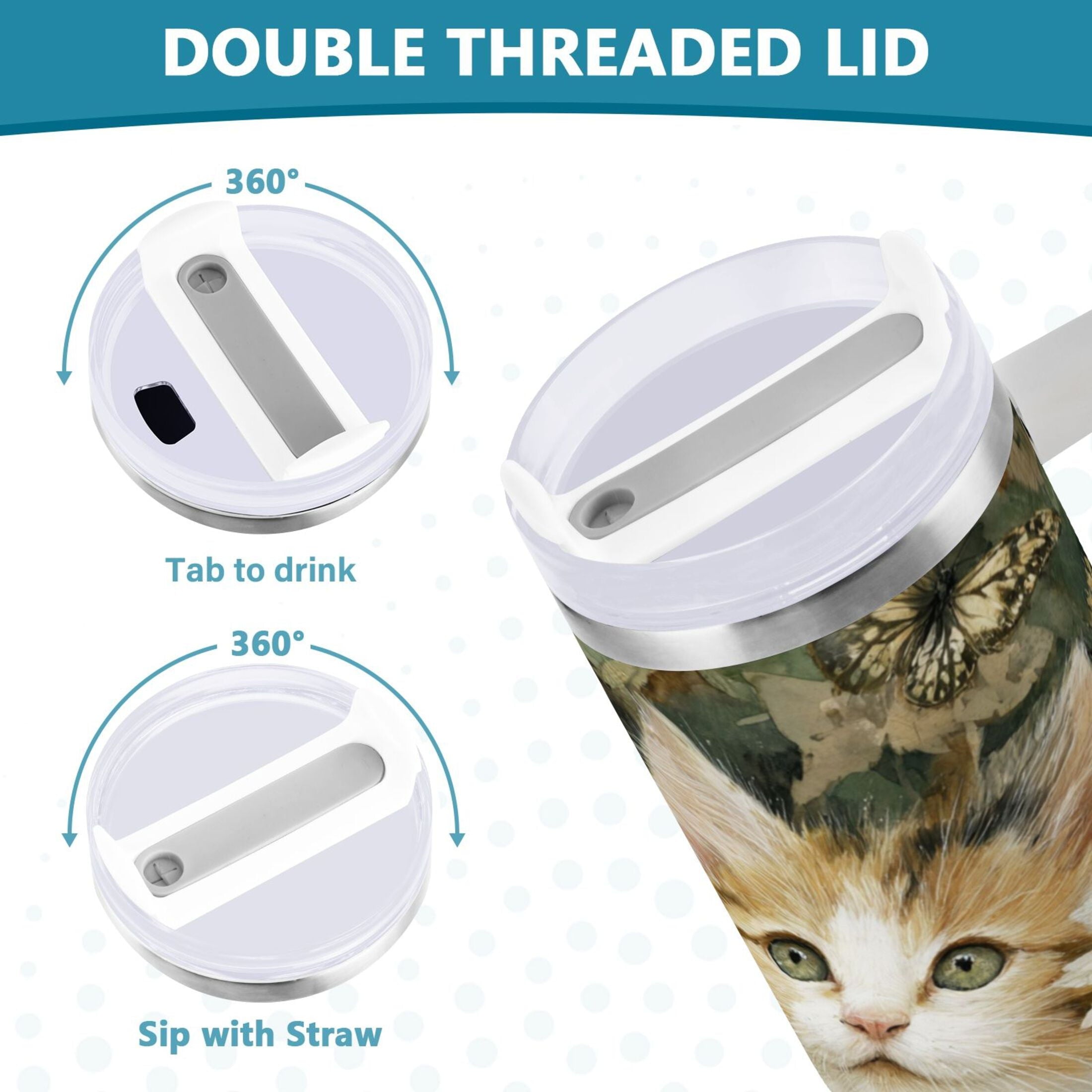 30 oz Insulated Stainless Steel Tumbler Double Wall Stainless Steel Tumbler with 2-Way Drinking Adorable Cats and Daisies | 2EZ5
