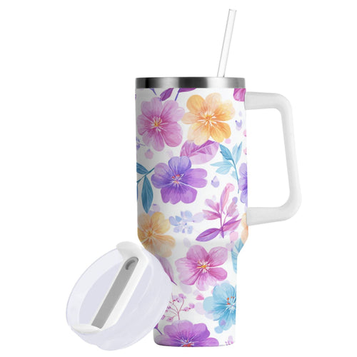 30 oz Insulated Stainless Steel Tumbler Double Wall Stainless Steel Tumbler with 2-Way Drinking Pink and Purple Flowers | 7GQZ