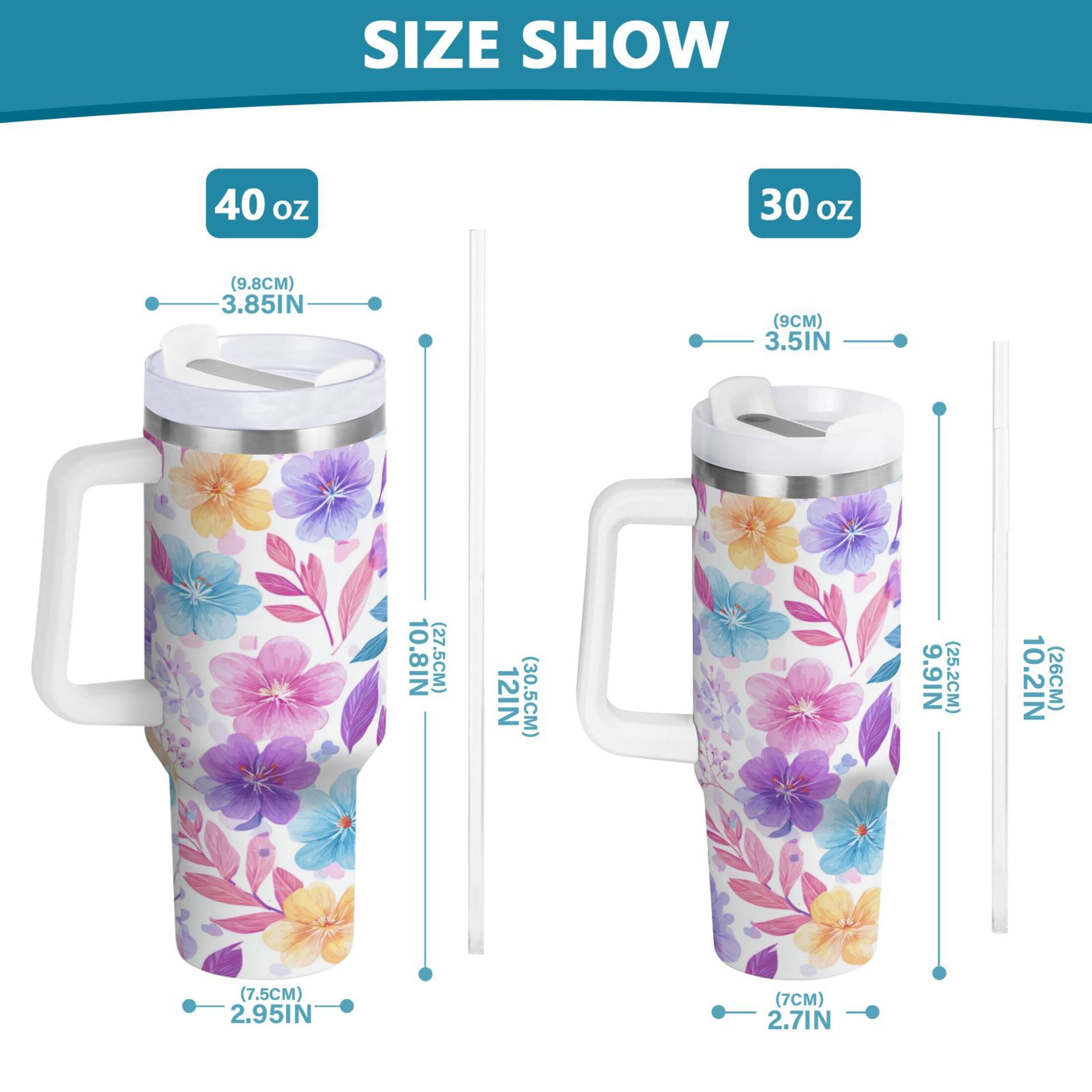 30 oz Insulated Stainless Steel Tumbler Double Wall Stainless Steel Tumbler with 2-Way Drinking Pink and Purple Flowers | 7GQZ