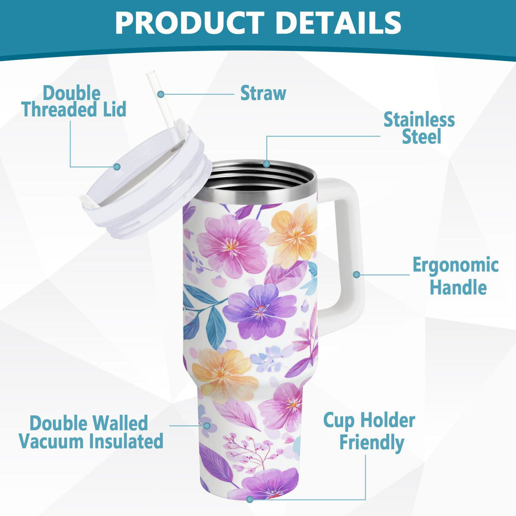 30 oz Insulated Stainless Steel Tumbler Double Wall Stainless Steel Tumbler with 2-Way Drinking Pink and Purple Flowers | 7GQZ