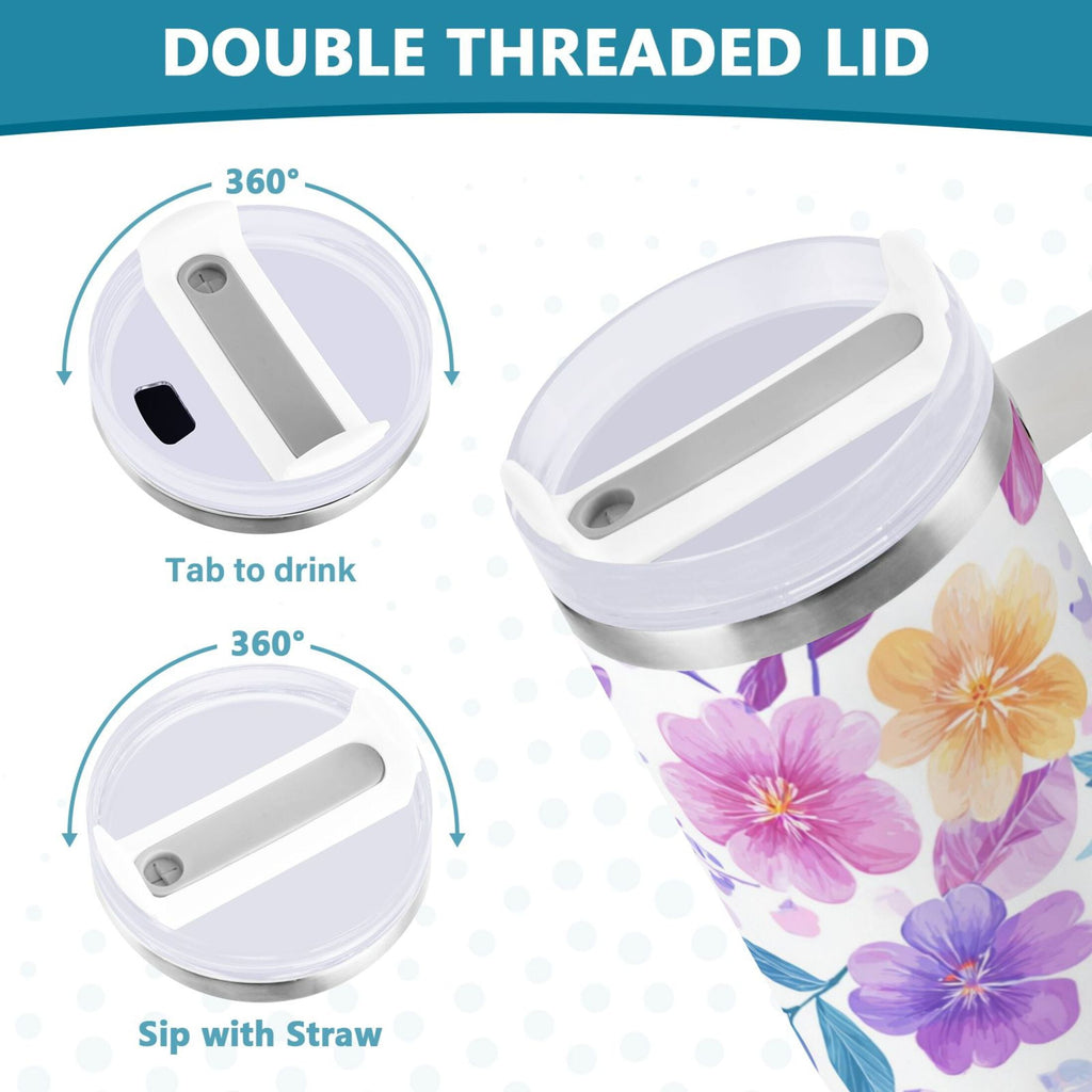 30 oz Insulated Stainless Steel Tumbler Double Wall Stainless Steel Tumbler with 2-Way Drinking Pink and Purple Flowers | 7GQZ