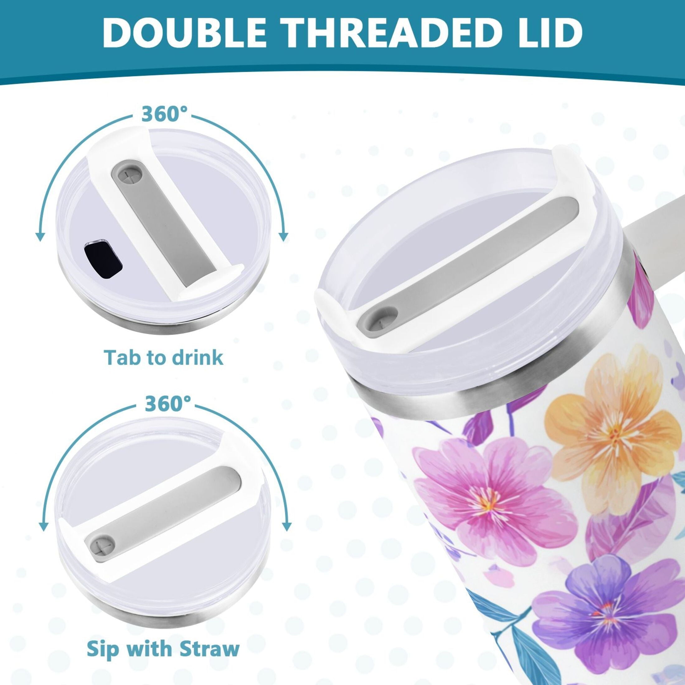 30 oz Insulated Stainless Steel Tumbler Double Wall Stainless Steel Tumbler with 2-Way Drinking Pink and Purple Flowers | 7GQZ